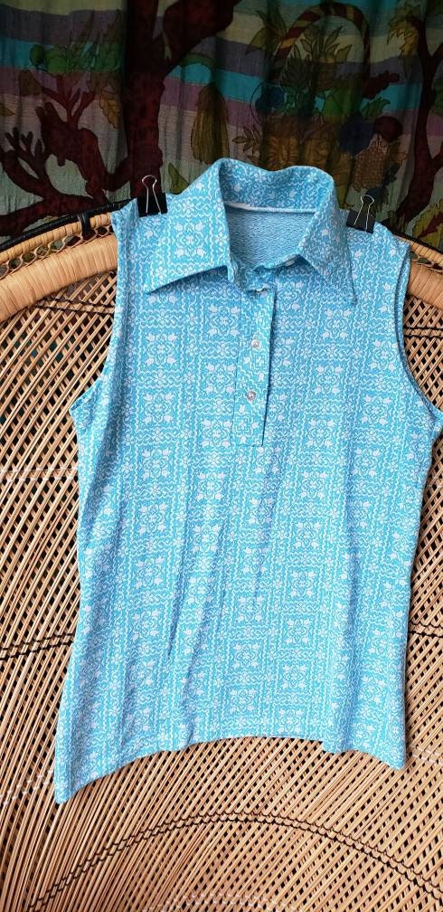 60s Women's Aqua Blue Collared Tank Top Md - Image 6