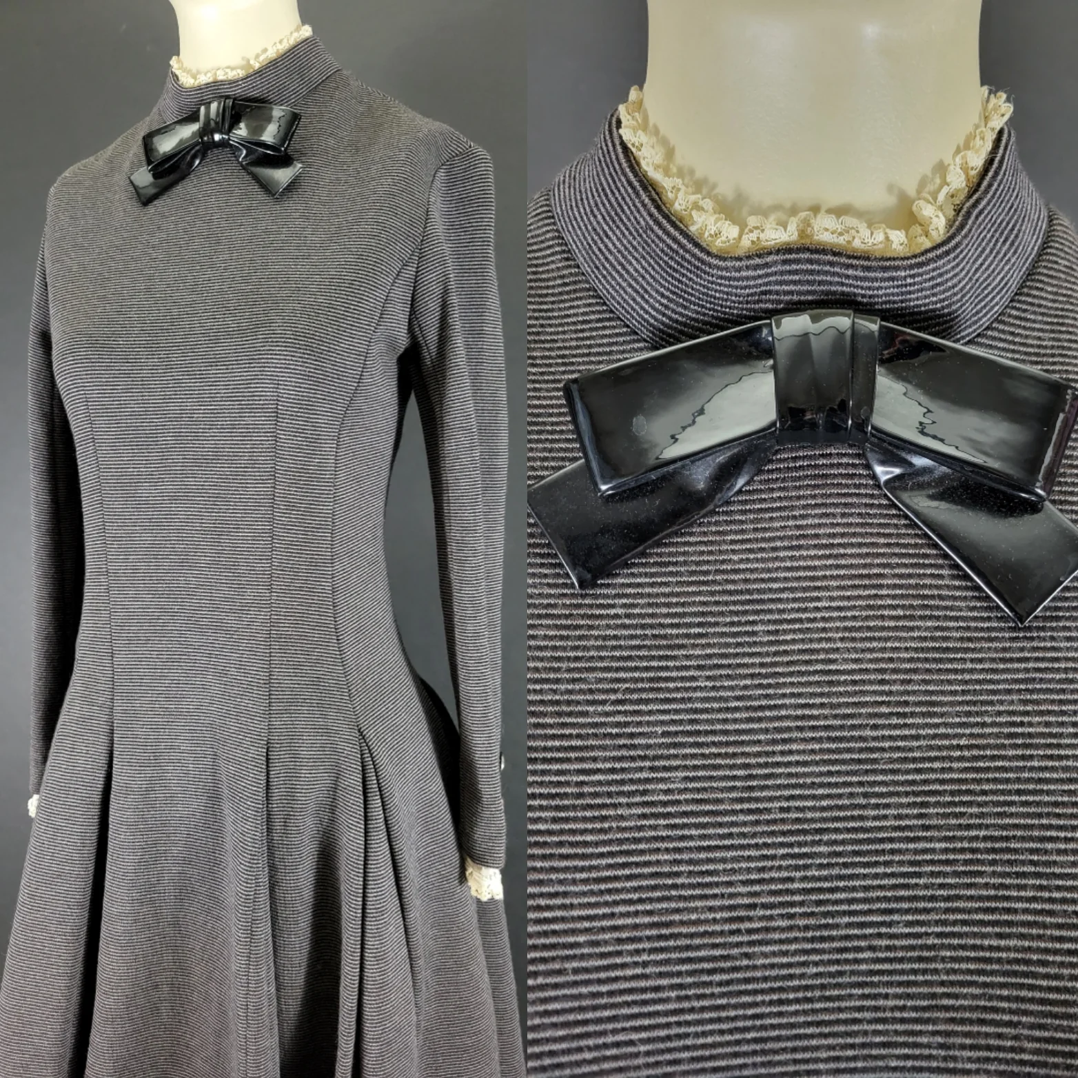 60s Wool Long Sleeve Pleated Dress With Bow Accent By Mam'selle by Betty Carol - Image 4