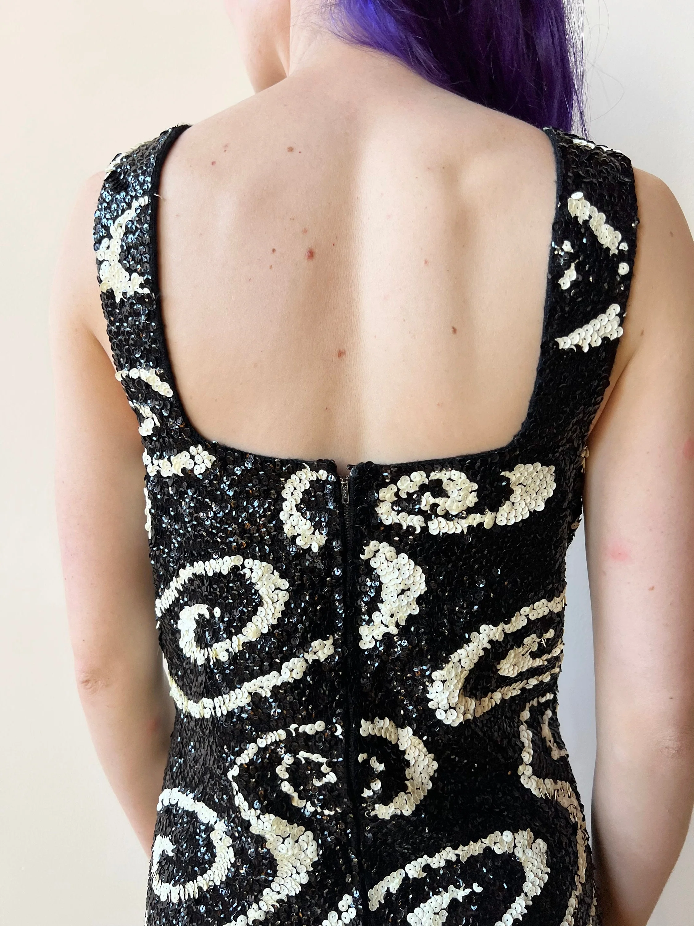 60s Wool Sequin Swirl Black and White Sweater Dress - Image 5