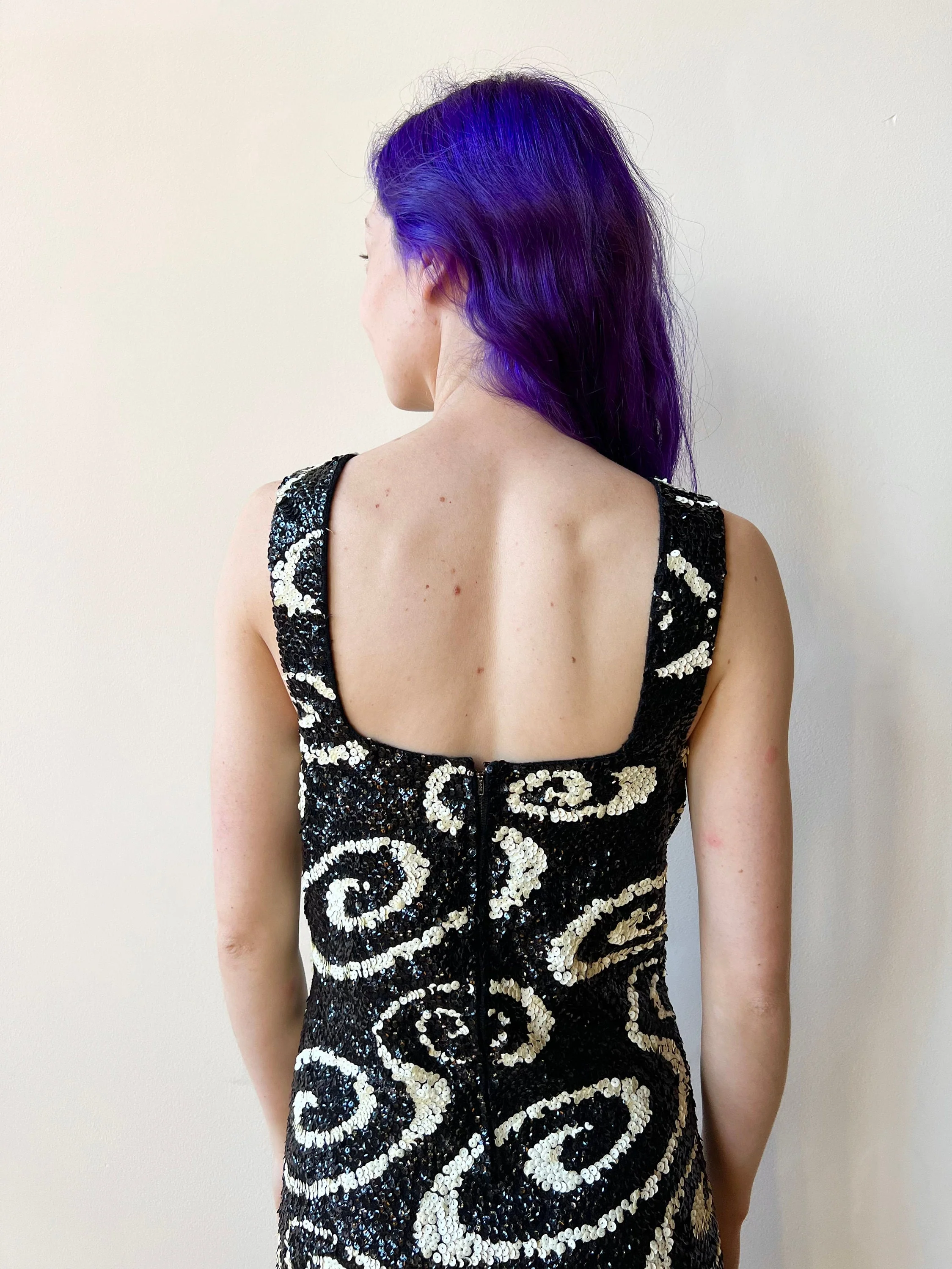 60s Wool Sequin Swirl Black and White Sweater Dress - Image 6