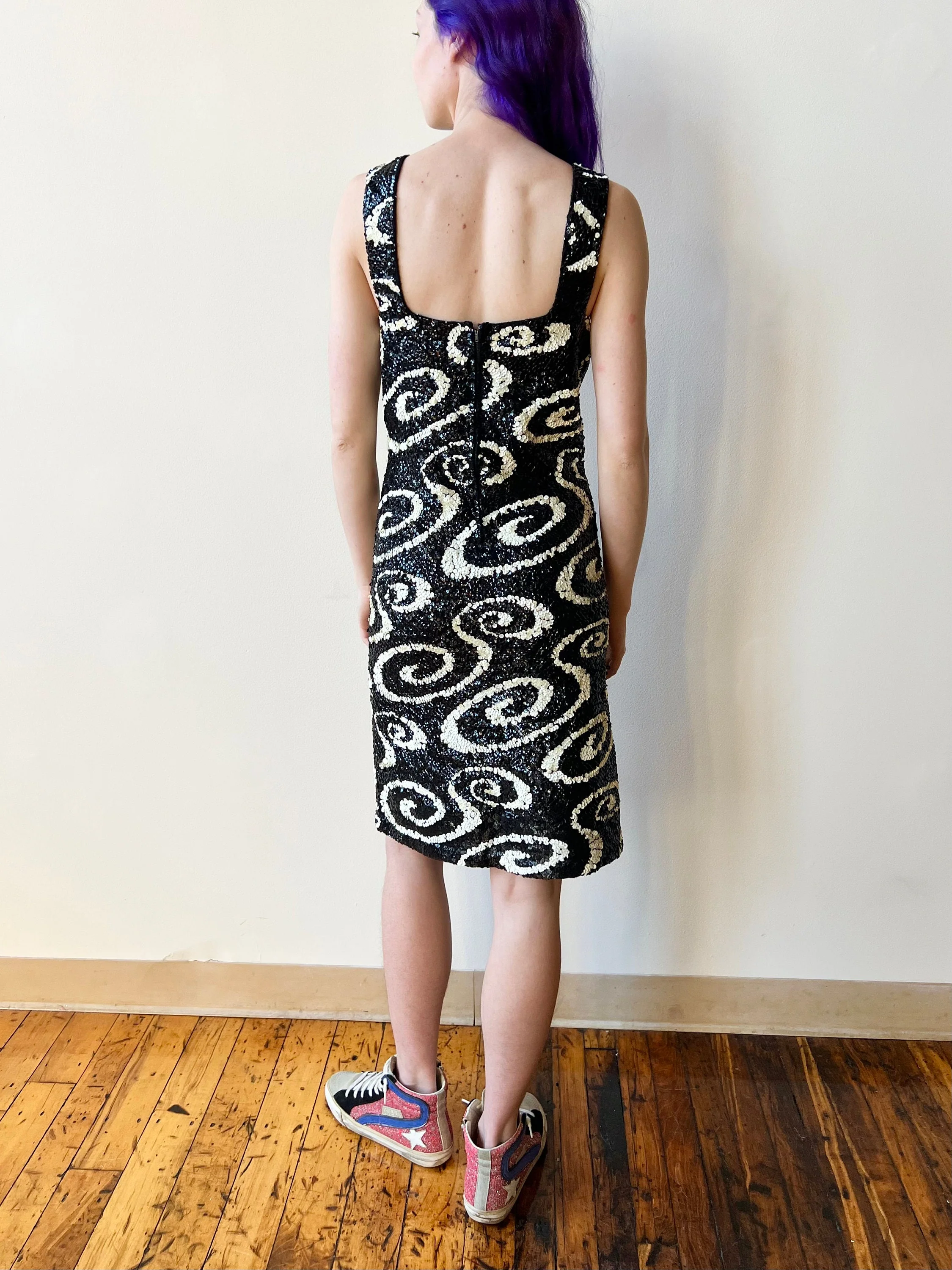 60s Wool Sequin Swirl Black and White Sweater Dress - Image 7
