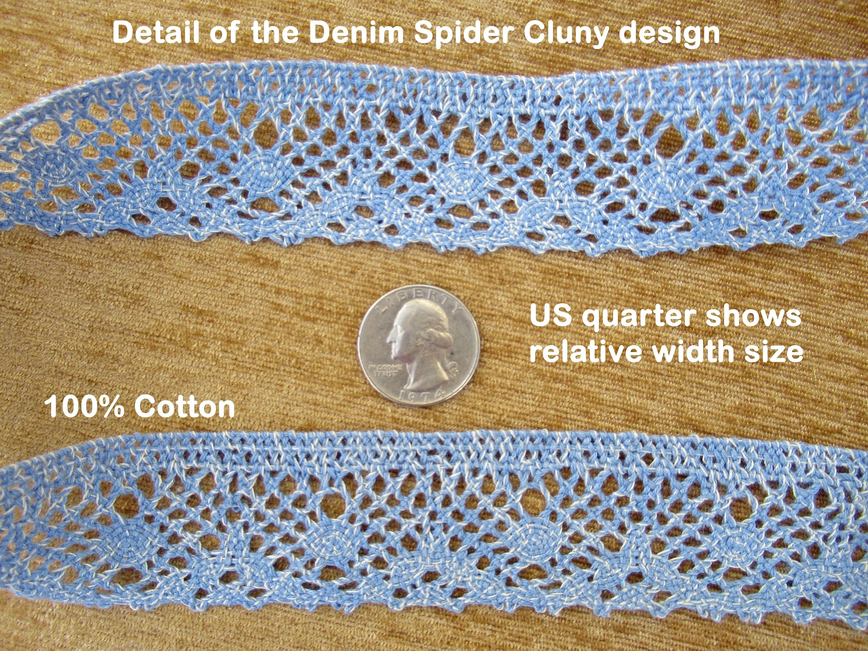 7 Yards of Lace Denim Blue Spider Cluny Trimtex Wide Trim On Original Store Plastic Roll All Cotton - Image 5