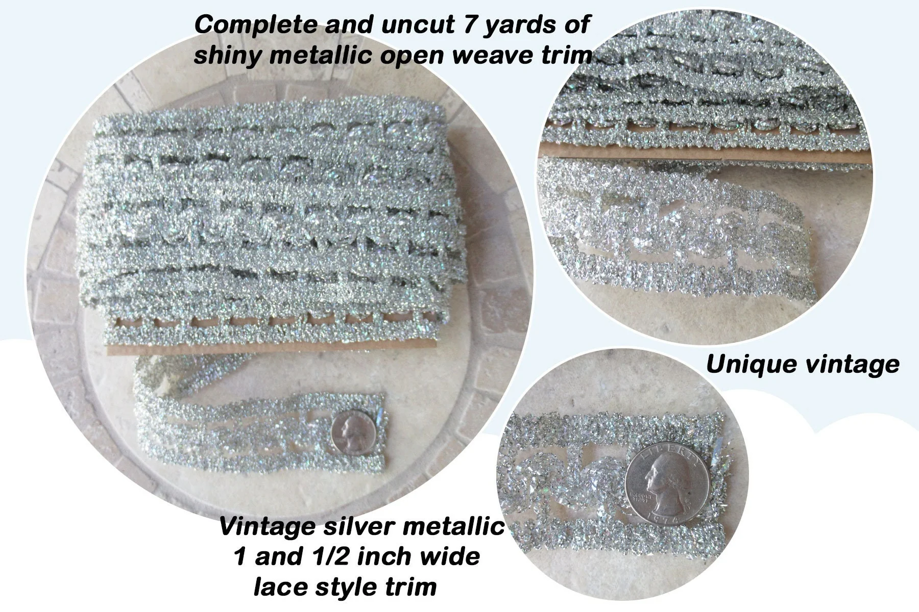7 Yards Silver Metallic Lace 1 and 1/2 Inch Wide Trim Listing Is for Complete Uncut 7 Yards of Very Shiny Metallic Open Weave Trim Vtg - Image 3