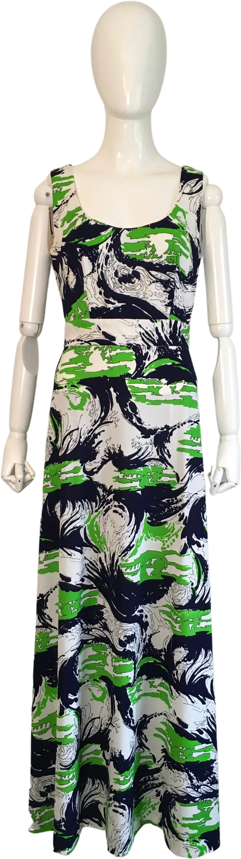 70’s Blue Green Polyester Maxi Gown Dress by Cirette