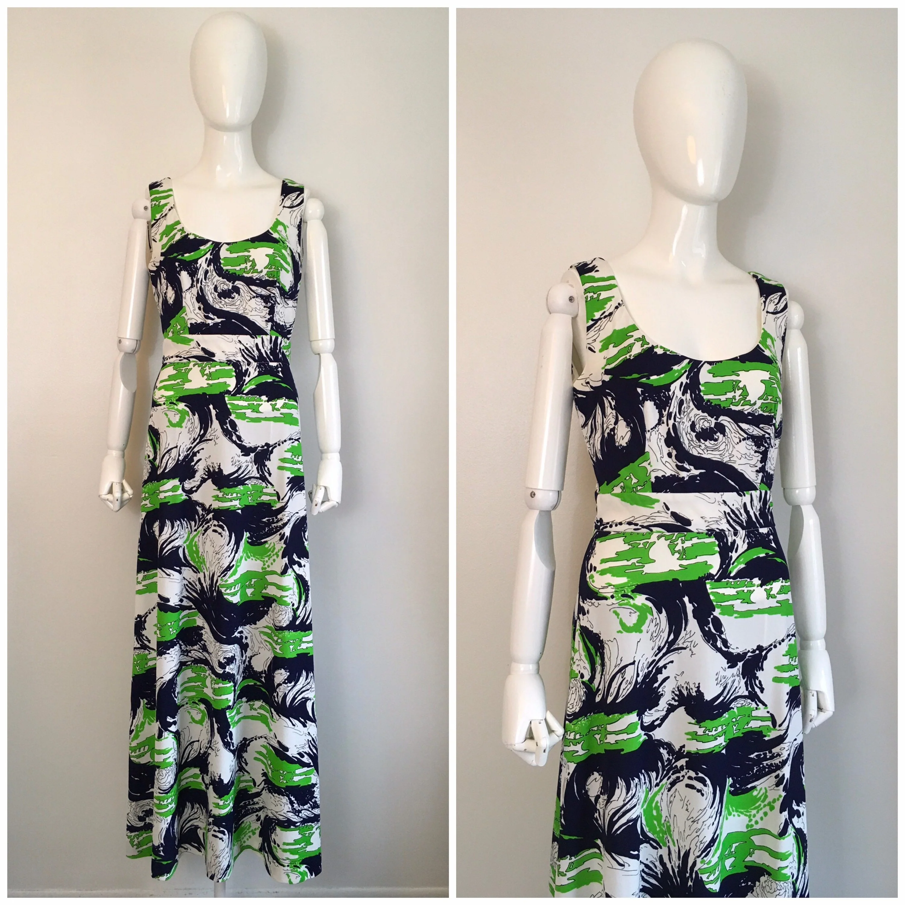 70’s Blue Green Polyester Maxi Gown Dress by Cirette - Image 3