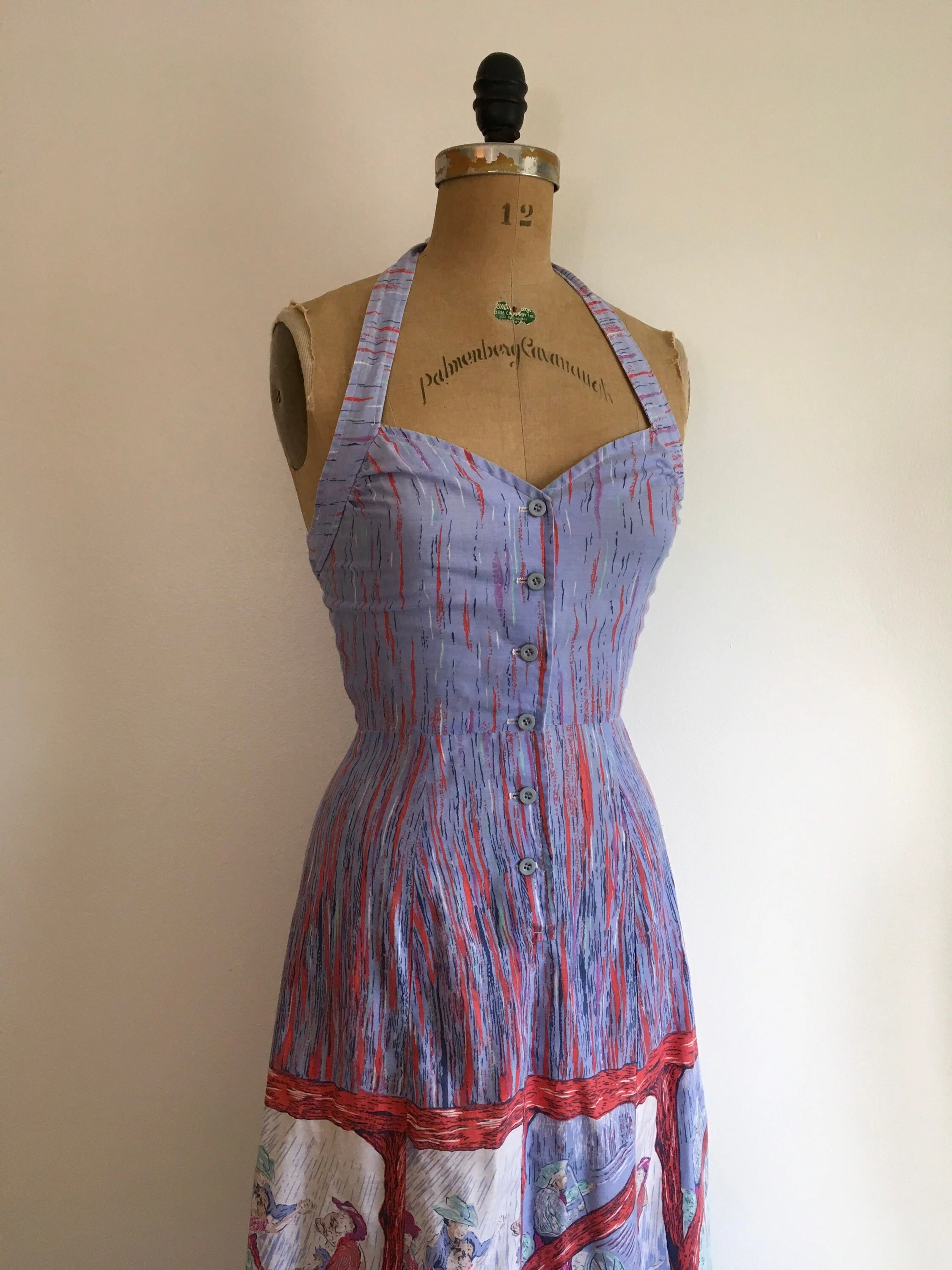 70’s Millworth Scenic Print Square Dance Halter Dress - Image 3