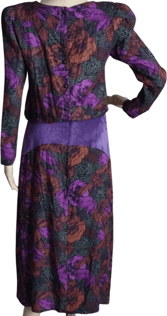 70’s Purple Floral Drop Waist Midi Dress by Act I - Image 2