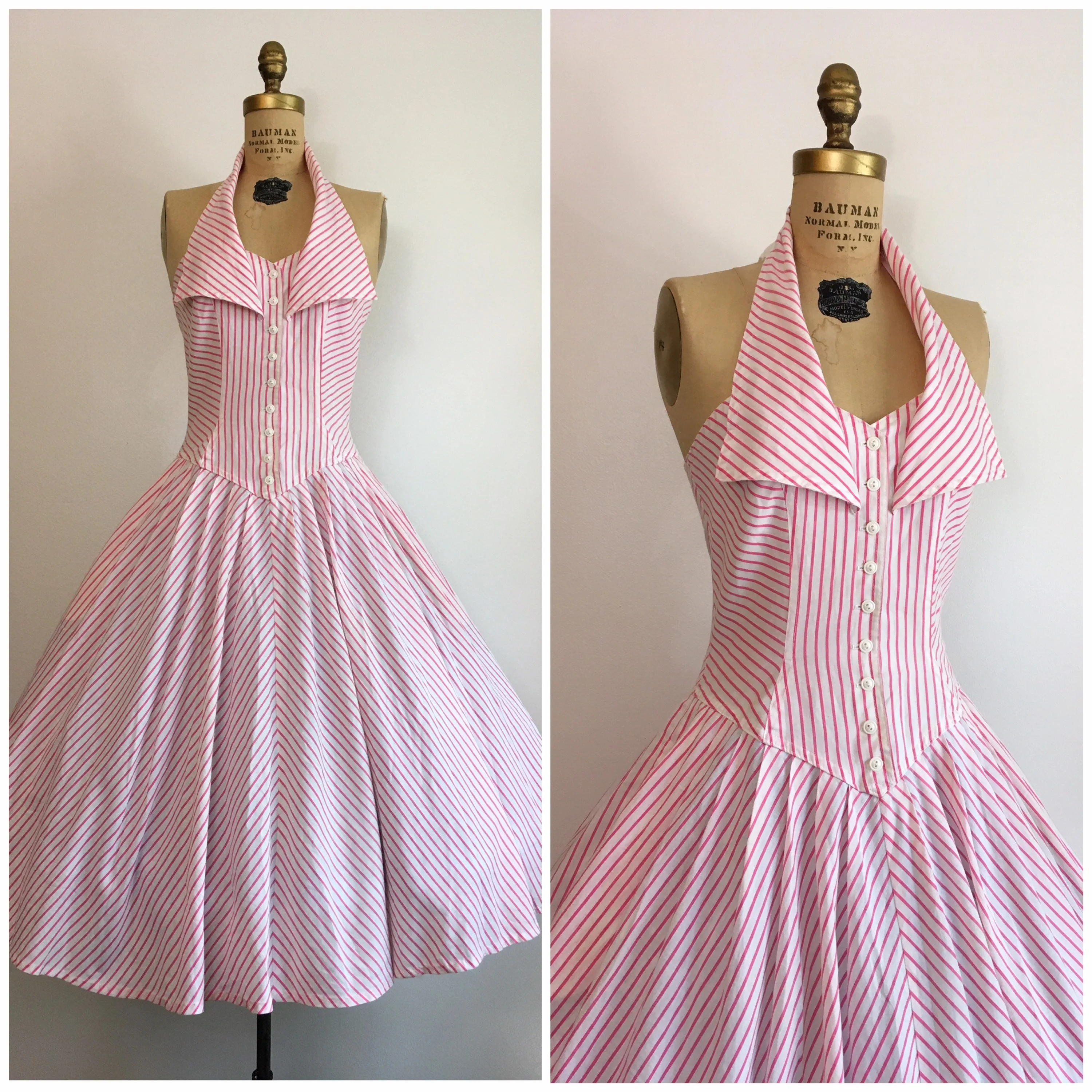 70’s Pink White Chevron Halter Cotton Dress by Foxy Lady - Image 3