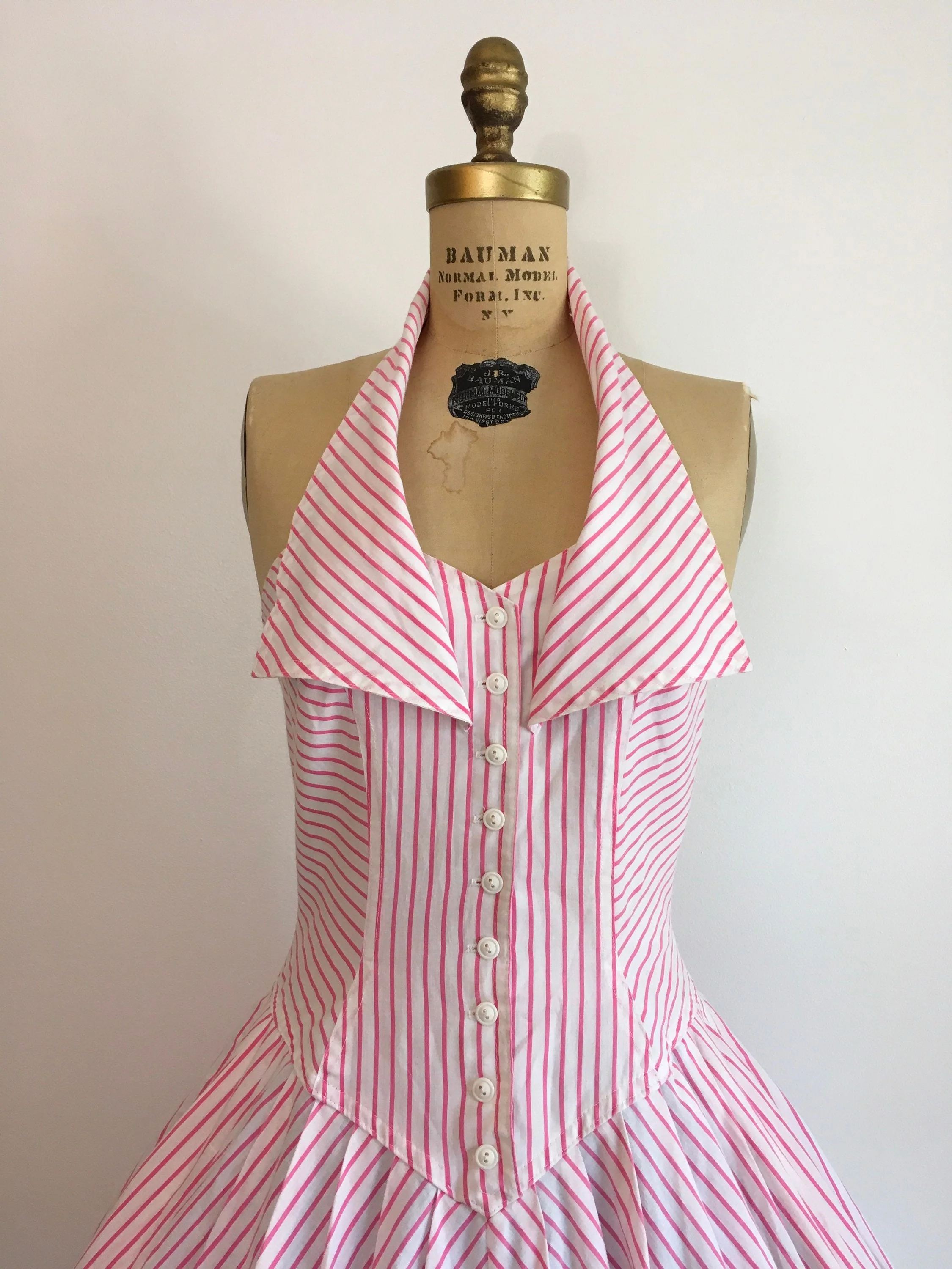 70’s Pink White Chevron Halter Cotton Dress by Foxy Lady - Image 5