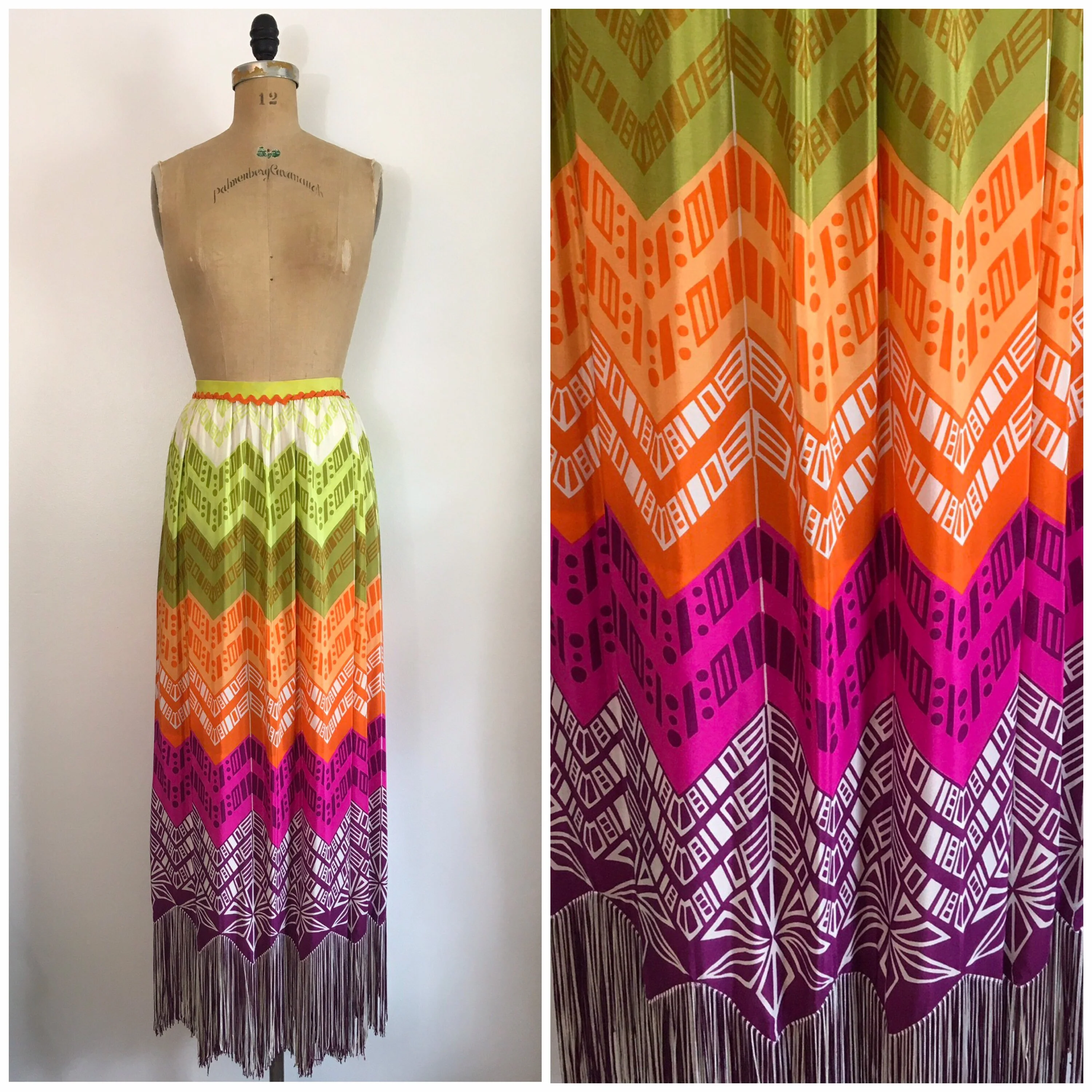 70’s Silk Rainbow Chevron Fringe Maxi Skirt by Lanvin - Image 3