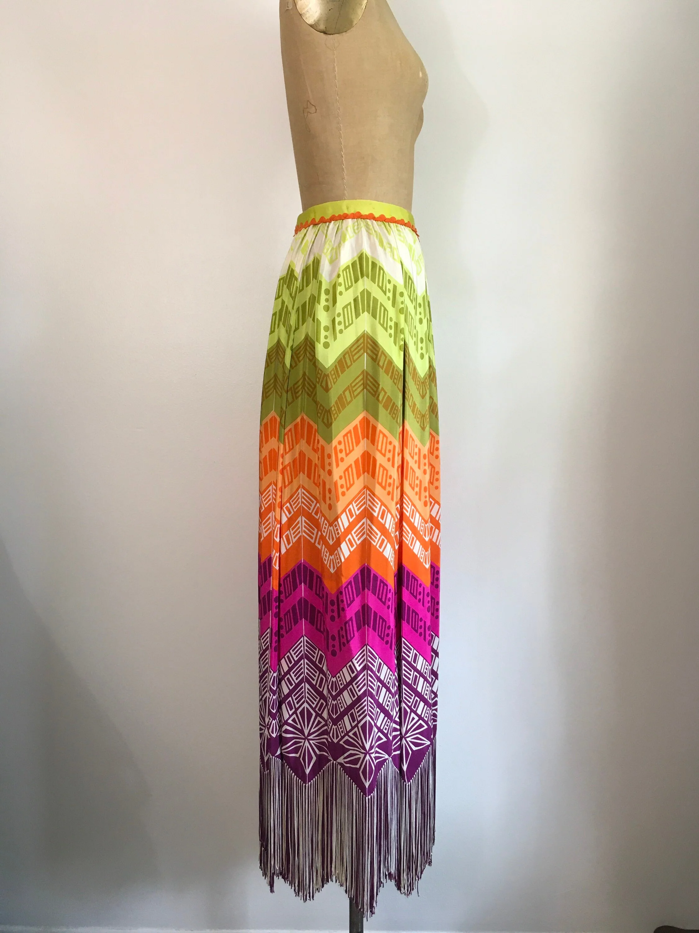 70’s Silk Rainbow Chevron Fringe Maxi Skirt by Lanvin - Image 4