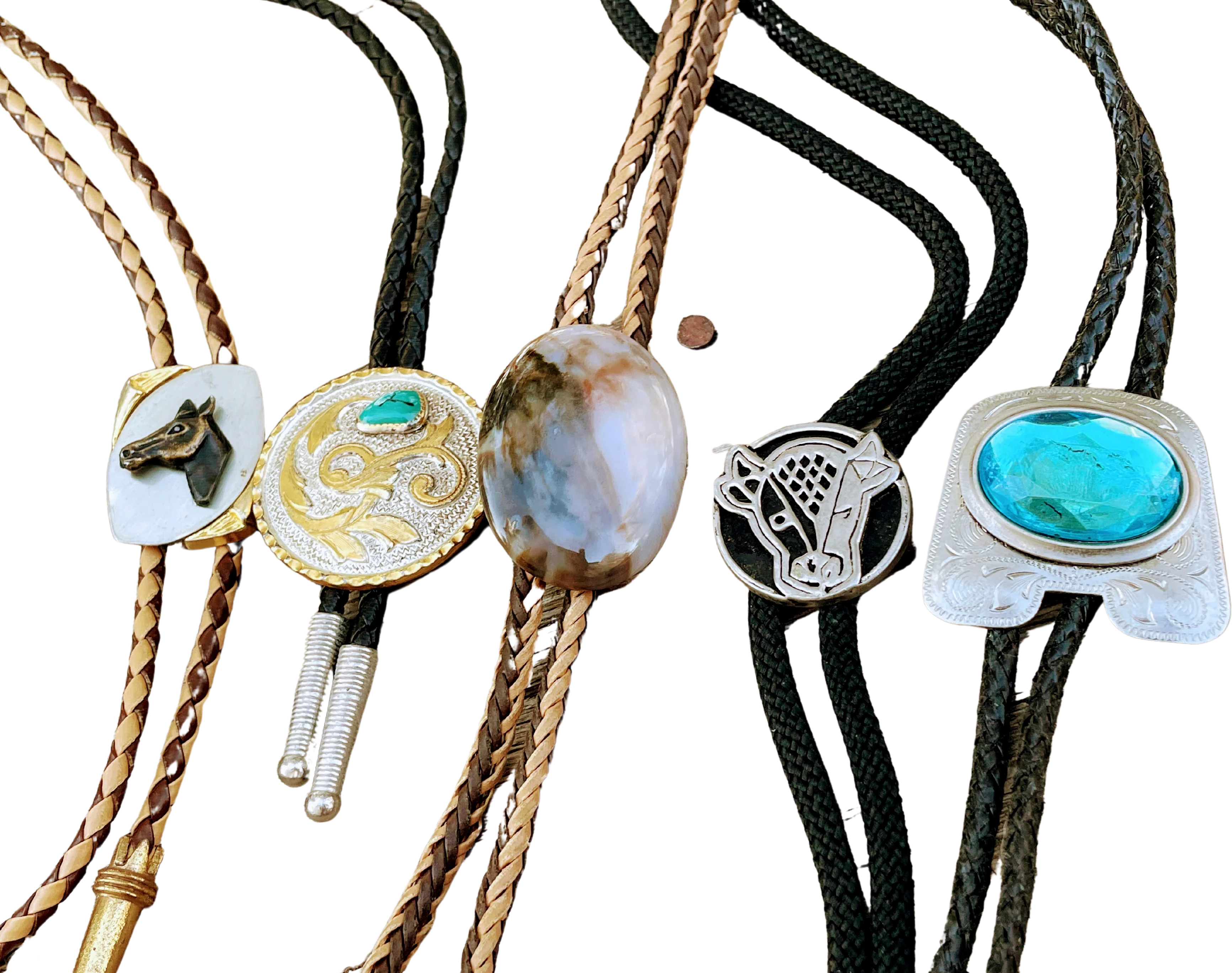 70s 5 Western Bolo Ties Agate Glass Horse, Cow - Image 2