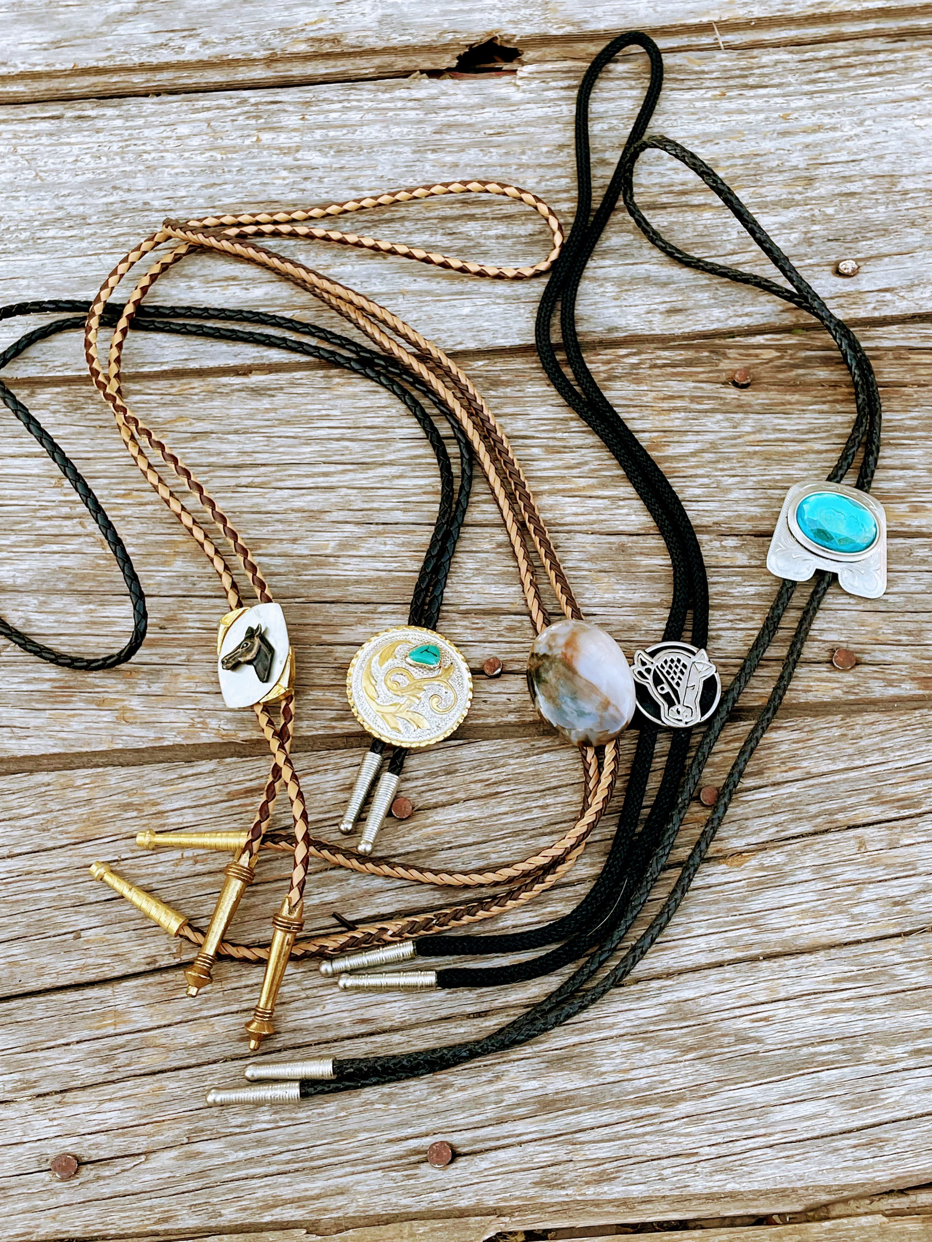 70s 5 Western Bolo Ties Agate Glass Horse, Cow - Image 7