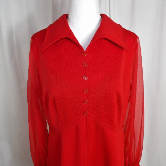 70s / Plus Size / Vintage Red Dress Sheer Sleeves - Image 3