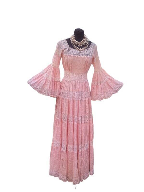 70s Renaissance Pink Maxi Dress Trumpet Sleeve Xs - Image 3