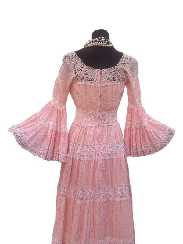 70s Renaissance Pink Maxi Dress Trumpet Sleeve Xs - Image 5