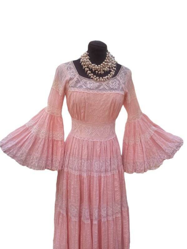 70s Renaissance Pink Maxi Dress Trumpet Sleeve Xs - Image 6