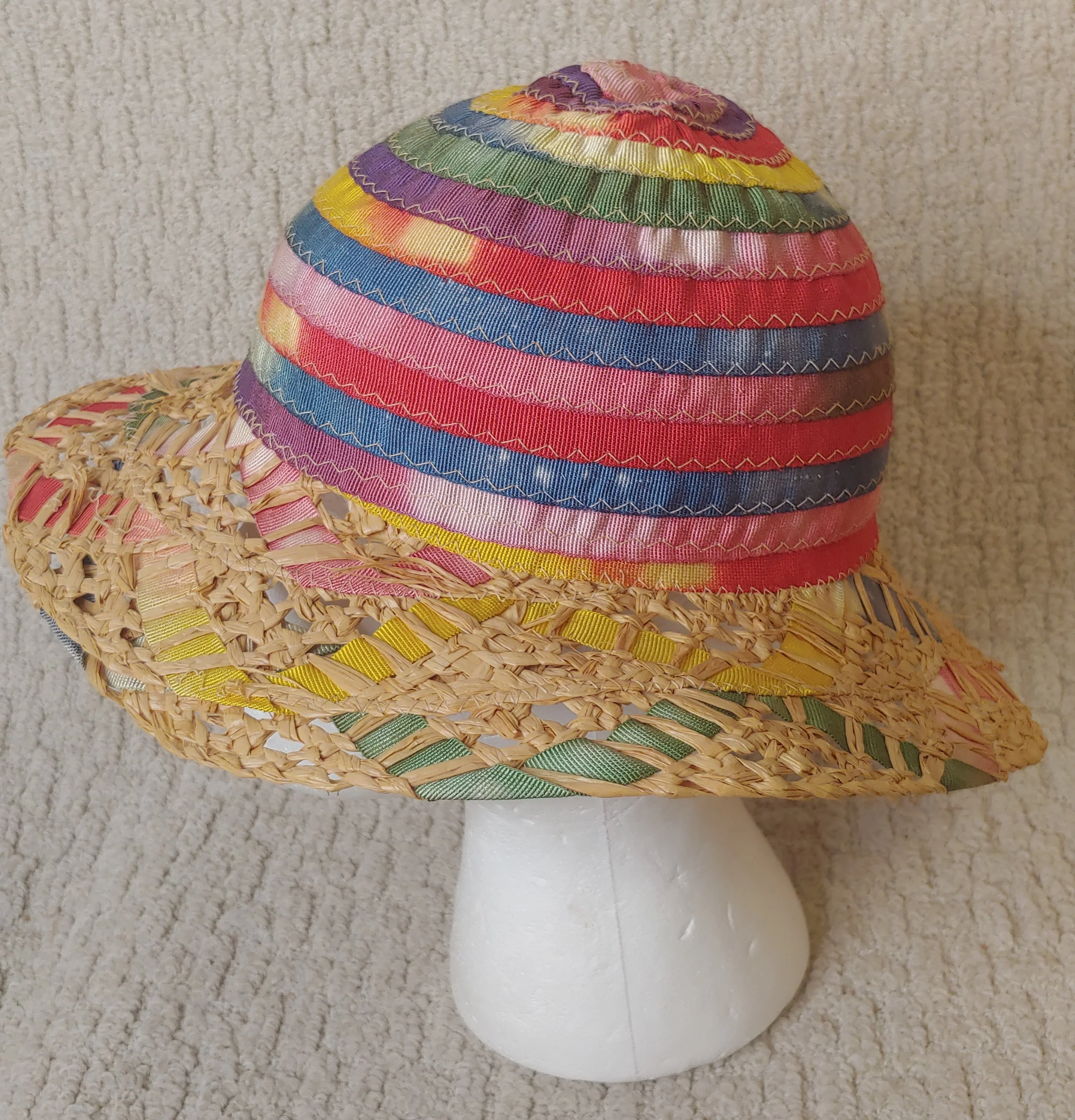 70s 70s Straw And Tie Dye Ribbon Floppy Sun Hippy Hat - Image 3