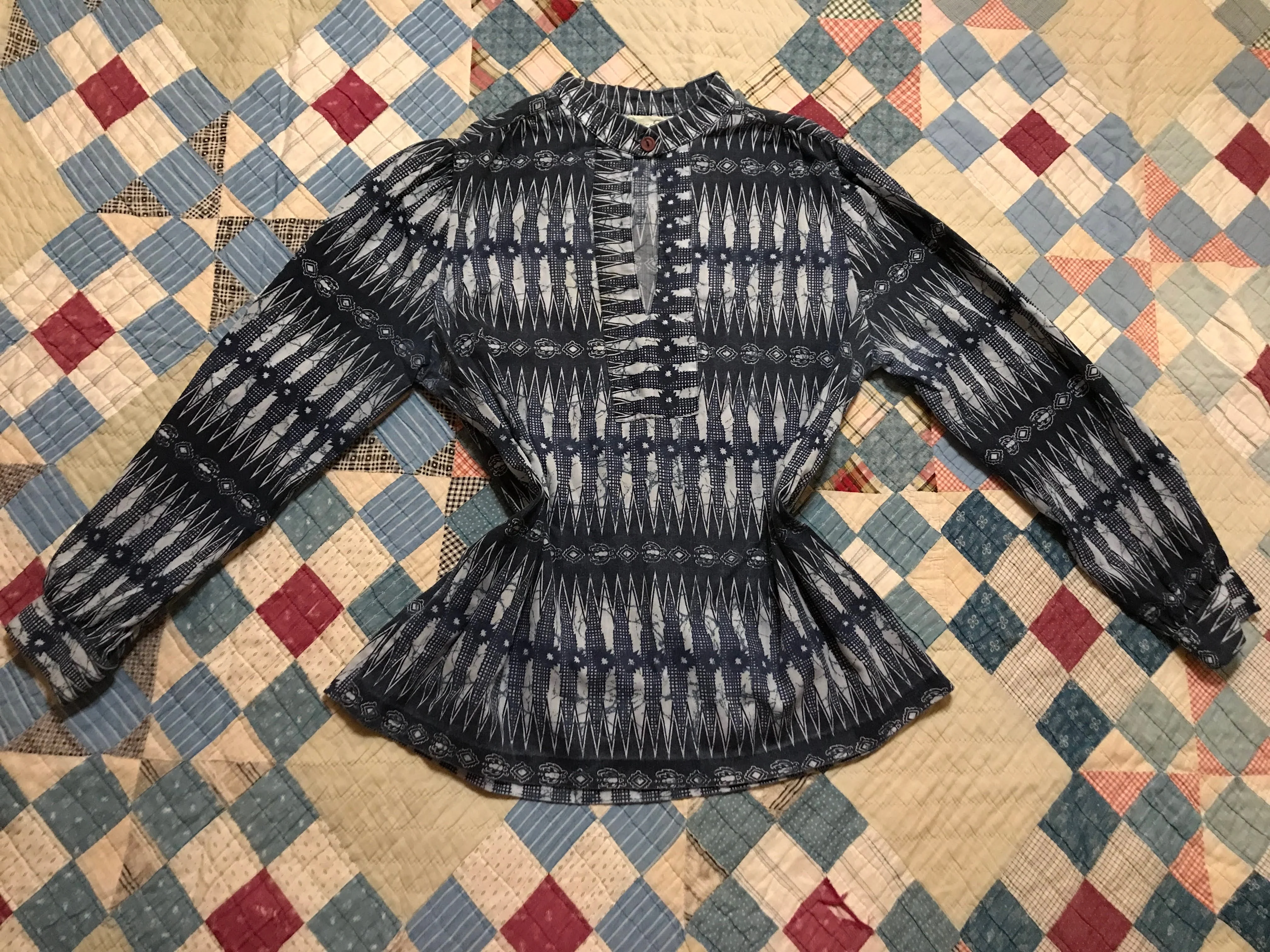 70s/80s Batik India Cotton Block Print Boho Hippie Blouse By Green Eyes - Image 5