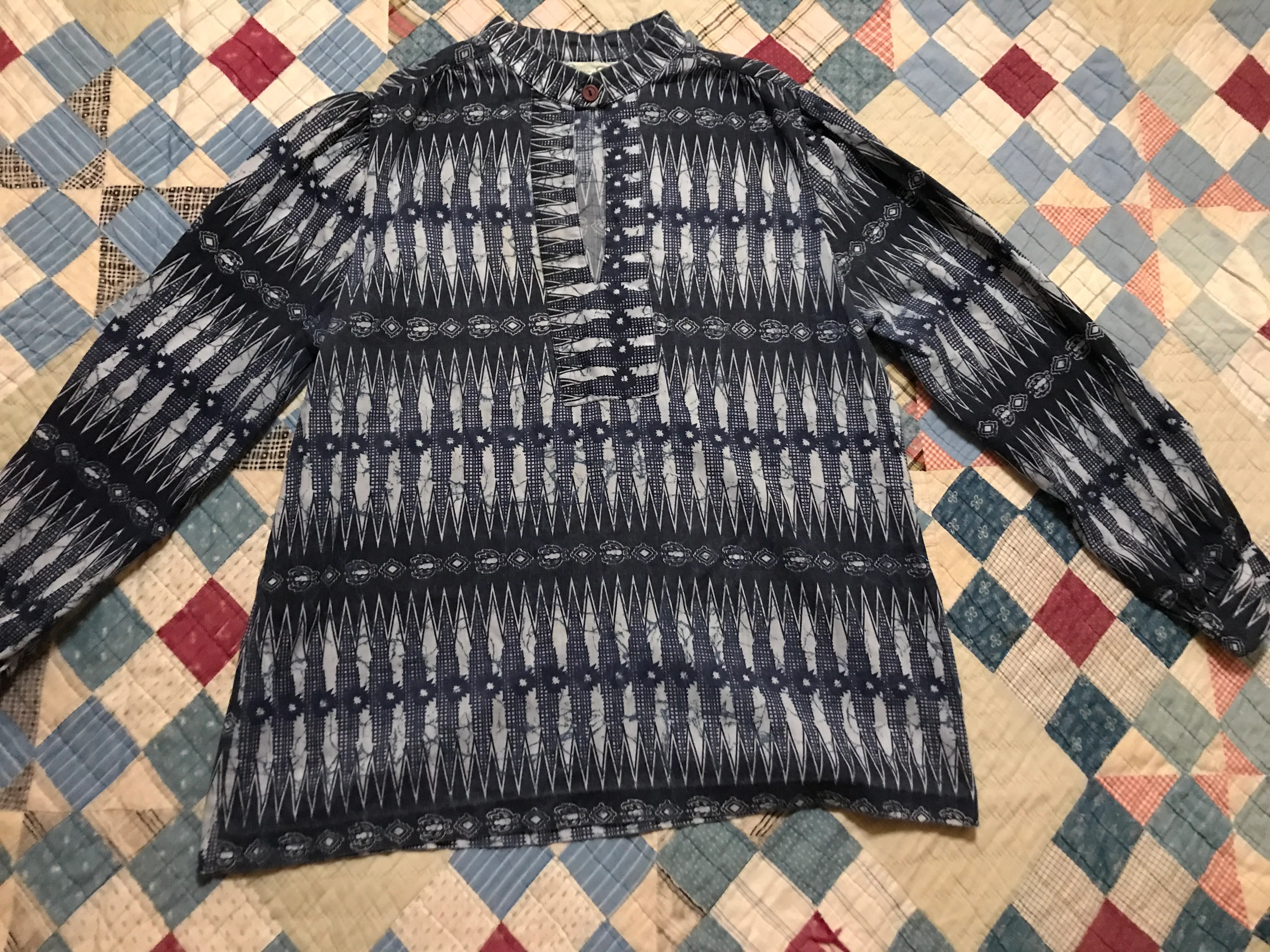 70s/80s Batik India Cotton Block Print Boho Hippie Blouse By Green Eyes - Image 7