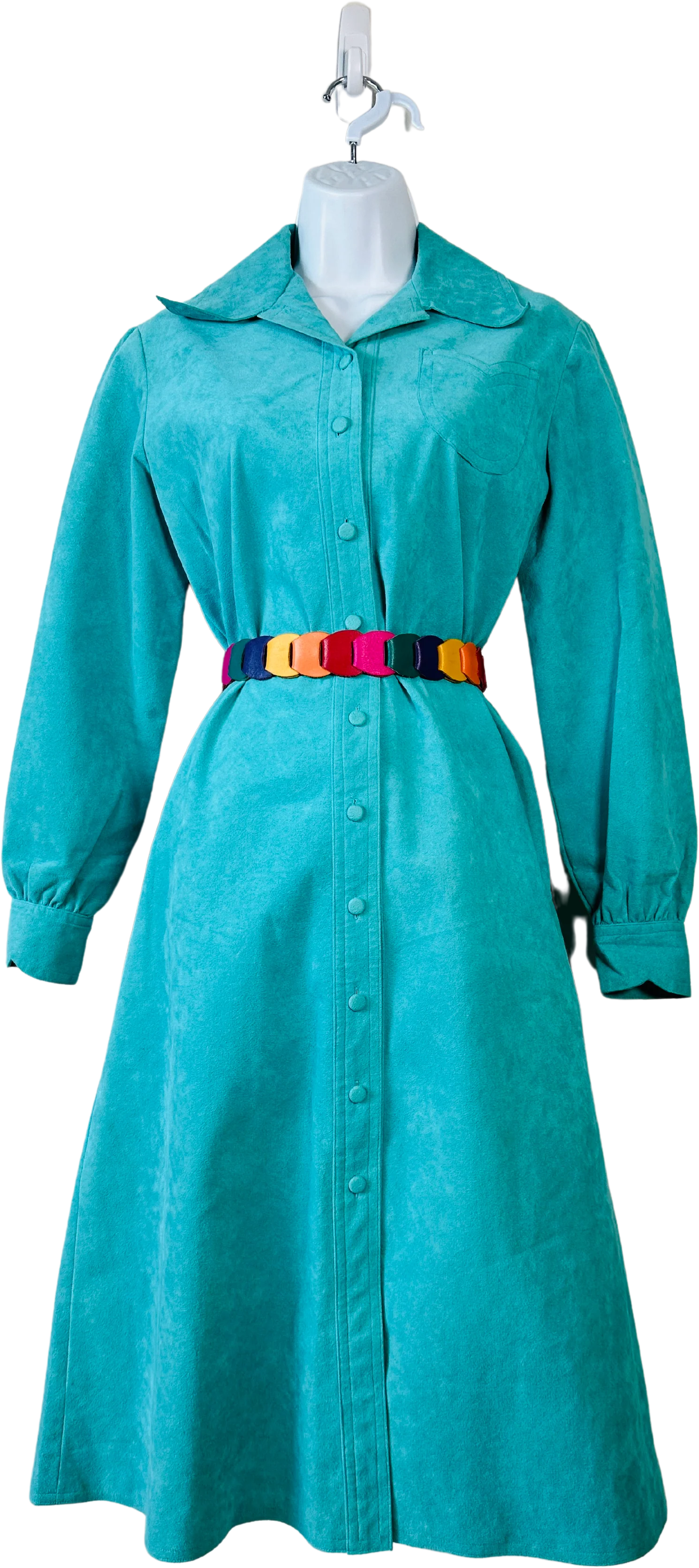 70s/80s Beautiful Turquoise Button Down Microsuede Dress By By Clarissa