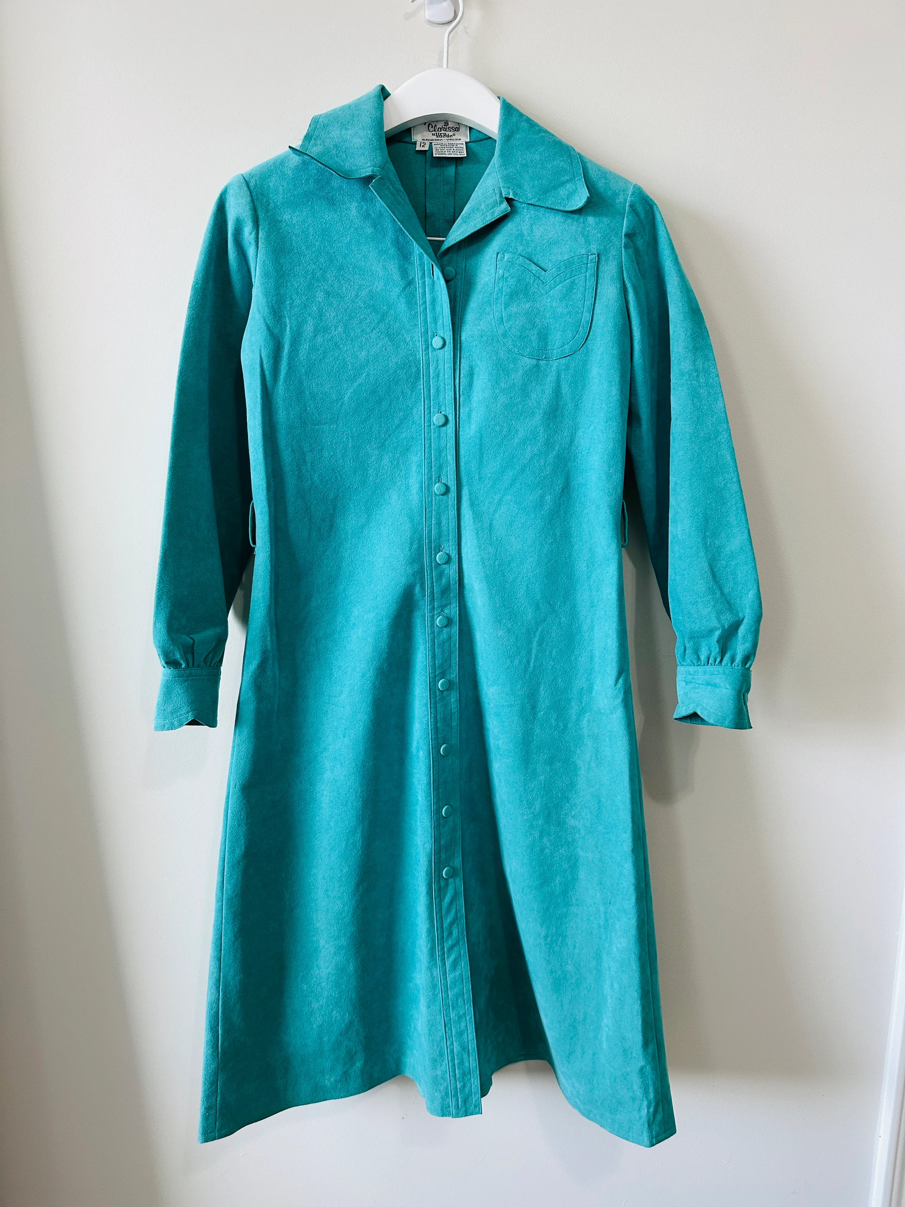 70s/80s Beautiful Turquoise Button Down Microsuede Dress By By Clarissa - Image 4