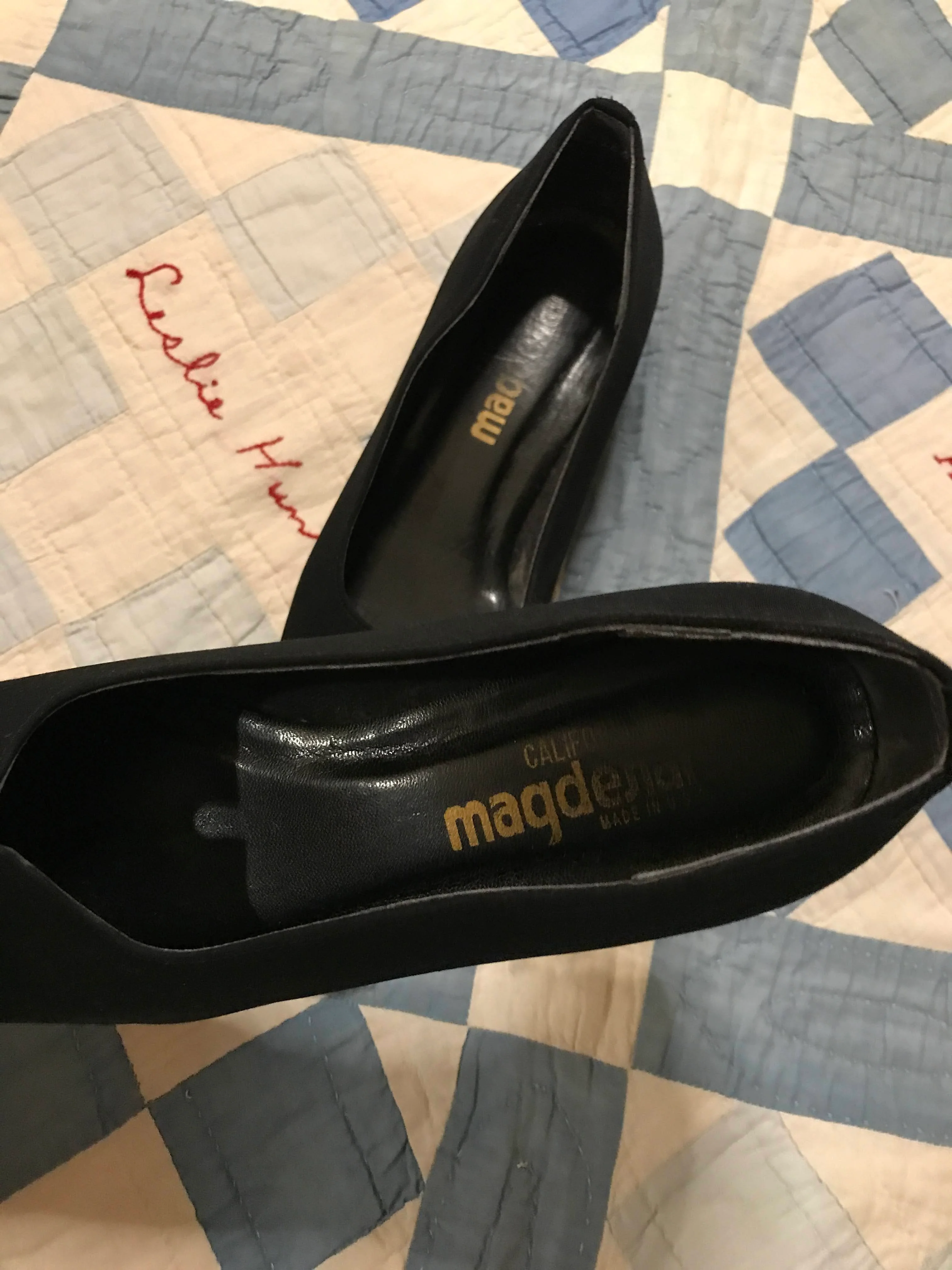 70s/80s Black Art Deco Square Toe Funky Kitten Heel By California Magdesians - Image 6