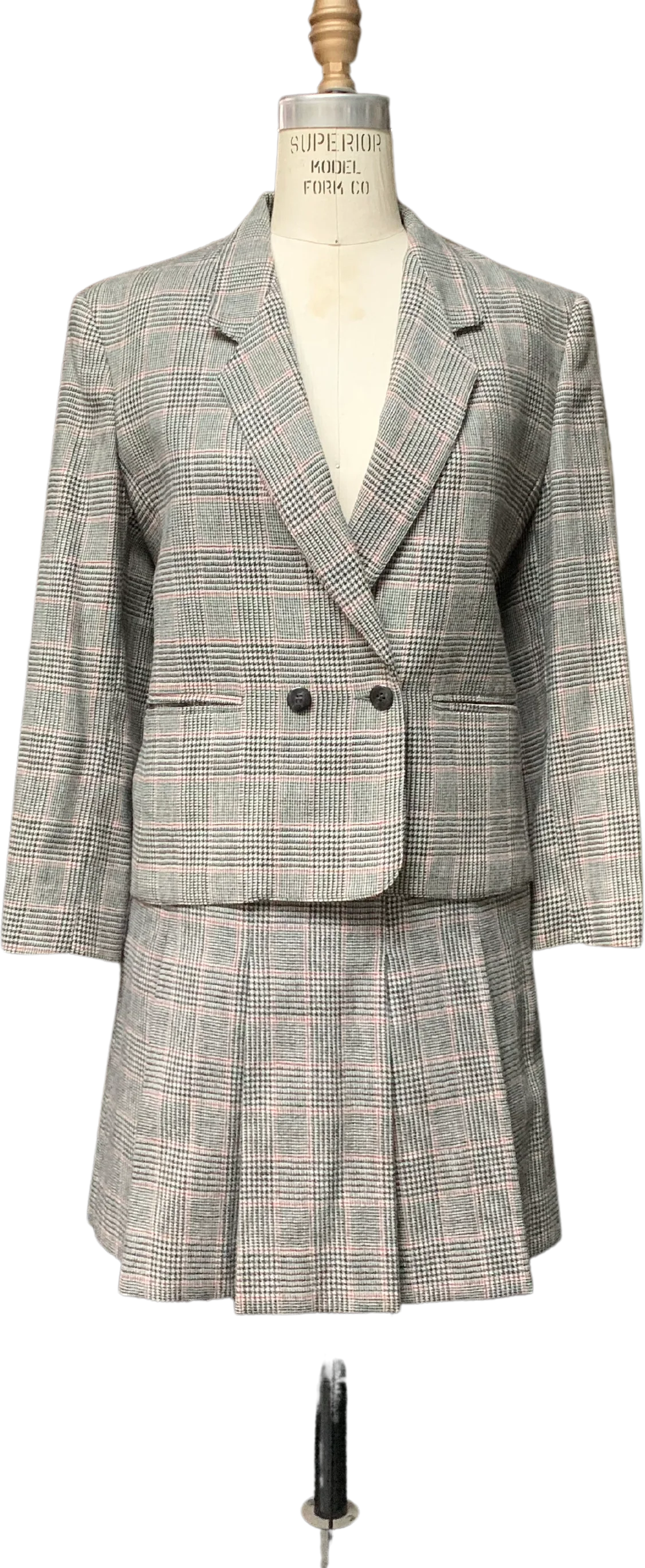 70s/80s Black Beige Wool Houndstooth Plaid Skirt Suit By The Villager