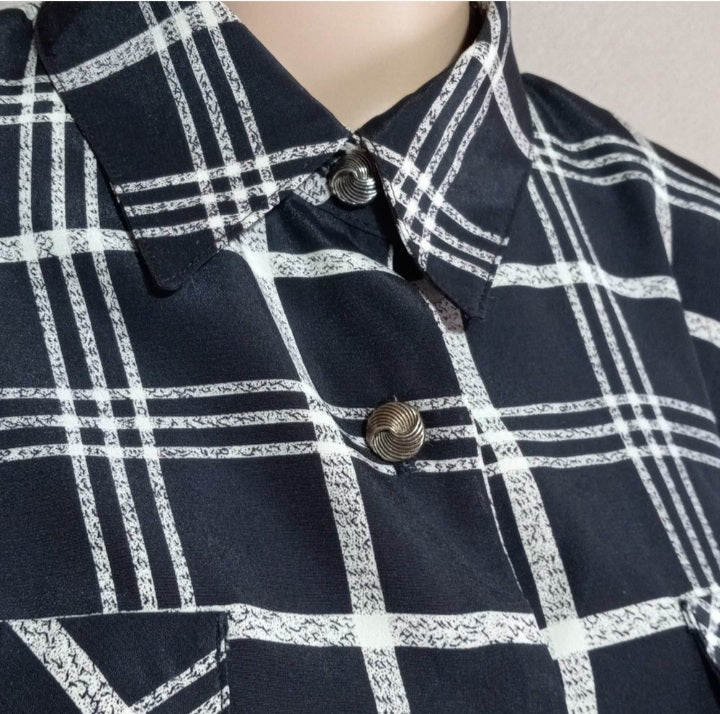 70s/80s Black Cream Plaid Pleated Skirt Button Top Dress By Leslie Faye - Image 3