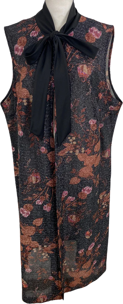 70s/80s Black Floral Metallic Semi Sheer Tie Neck Duster