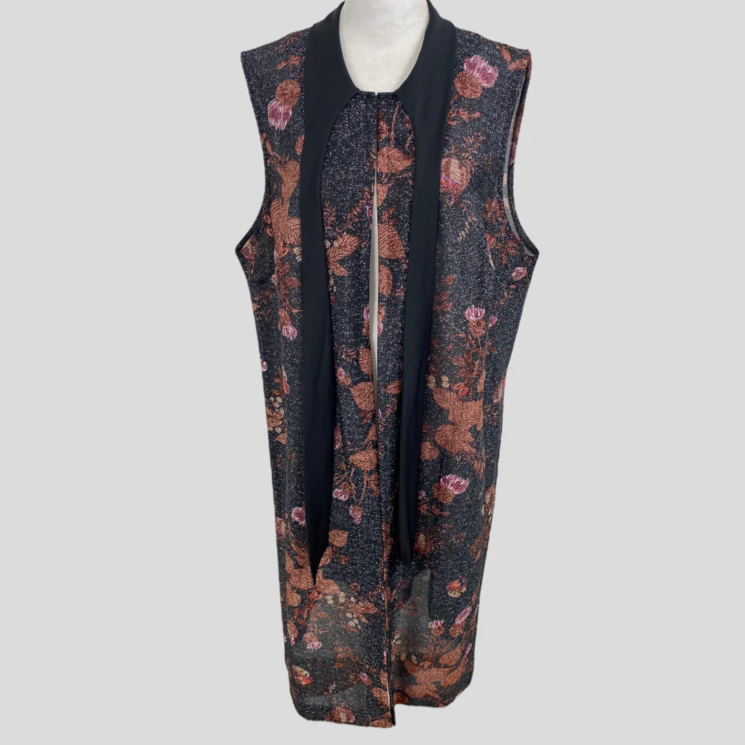 70s/80s Black Floral Metallic Semi Sheer Tie Neck Duster - Image 3