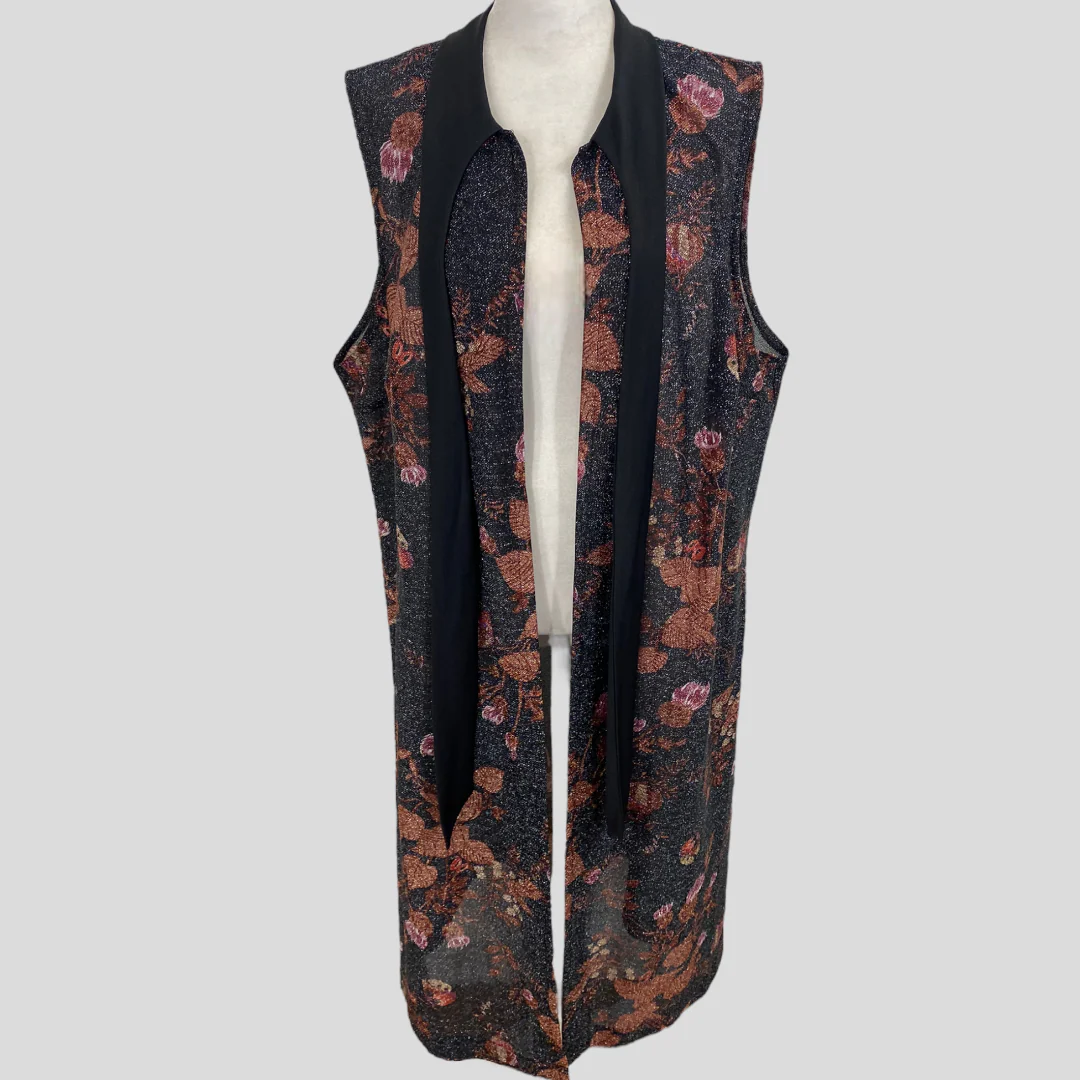70s/80s Black Floral Metallic Semi Sheer Tie Neck Duster - Image 4
