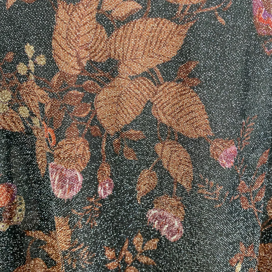 70s/80s Black Floral Metallic Semi Sheer Tie Neck Duster - Image 5