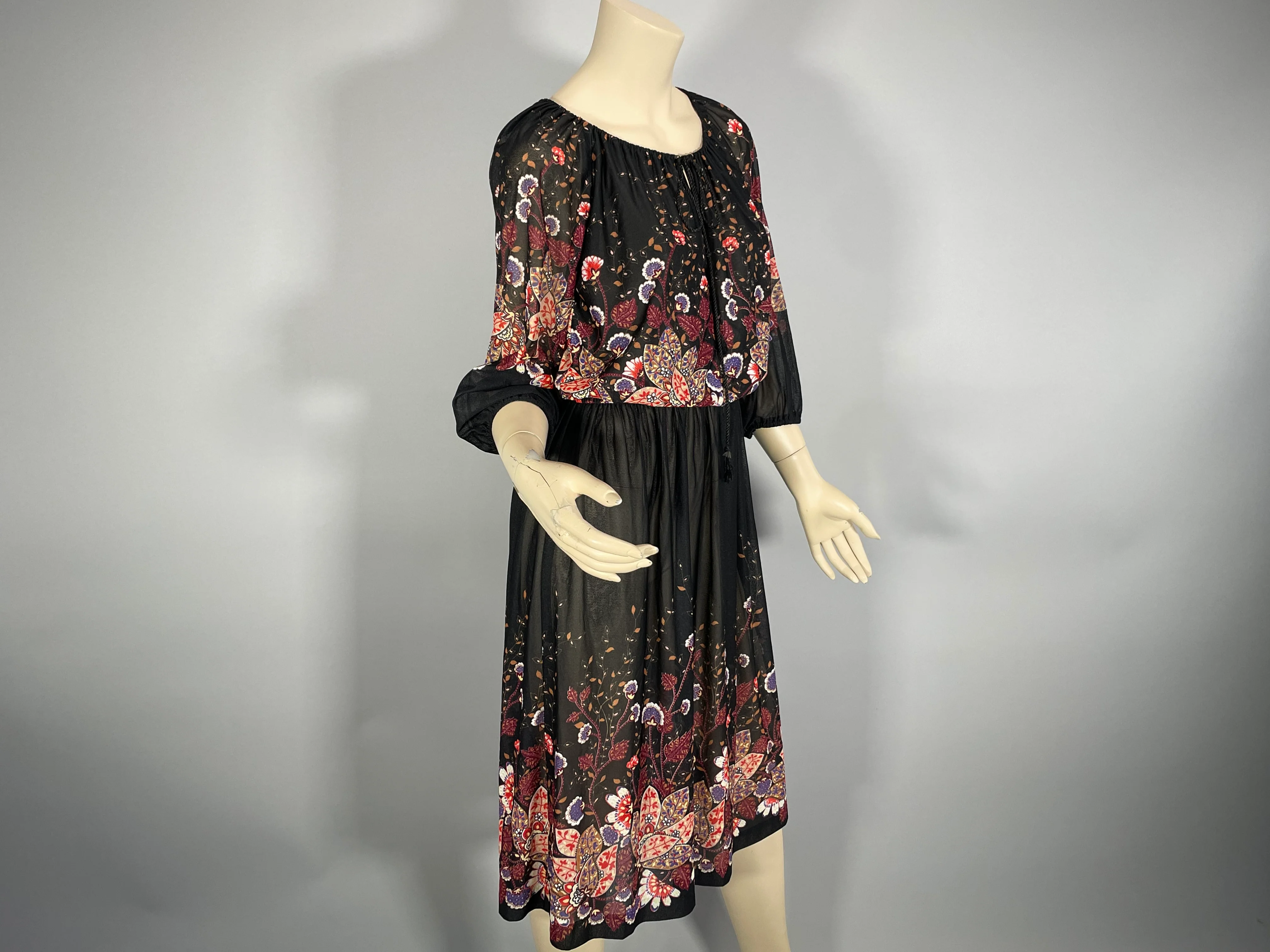 70s/80s Black Multicolor Floral Sheer Casual Boho Dress - Image 5