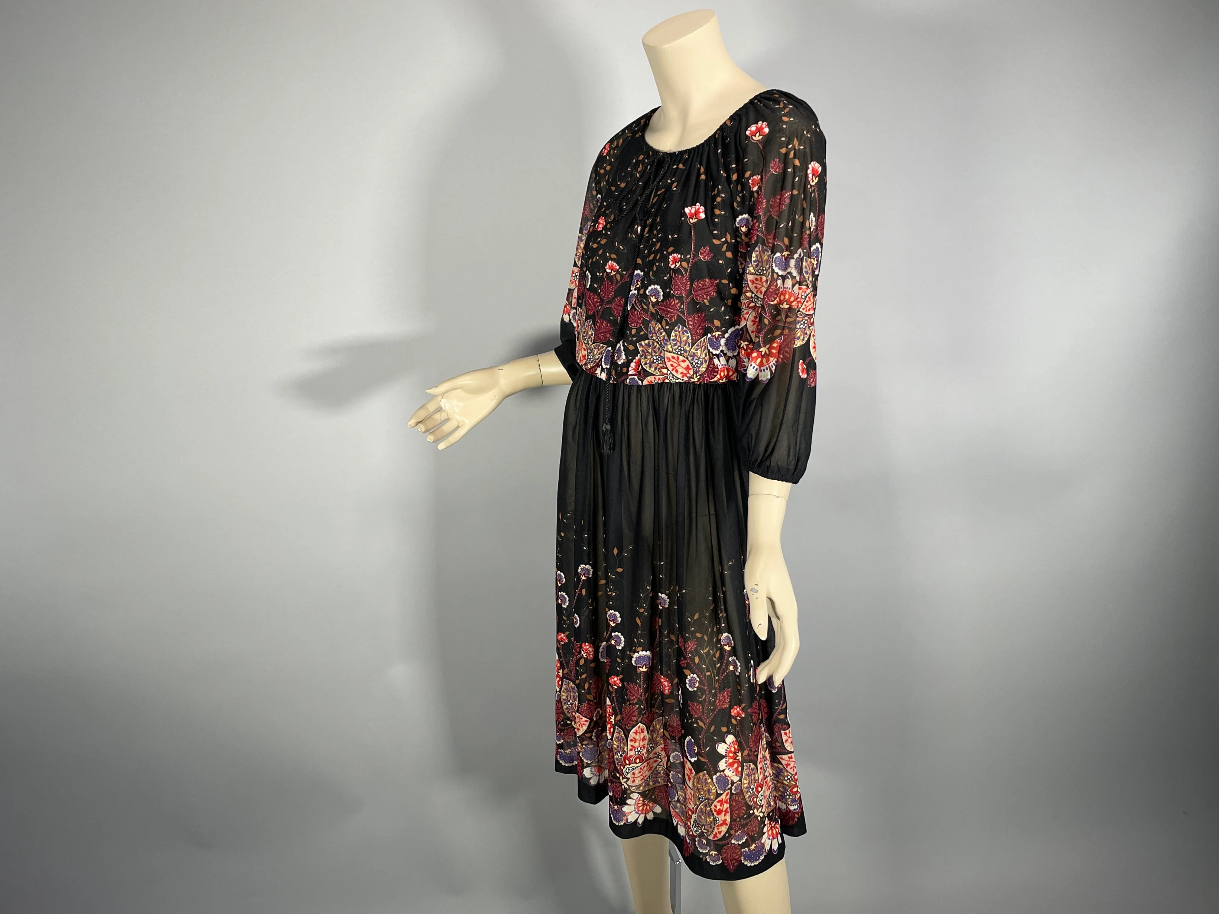 70s/80s Black Multicolor Floral Sheer Casual Boho Dress - Image 6
