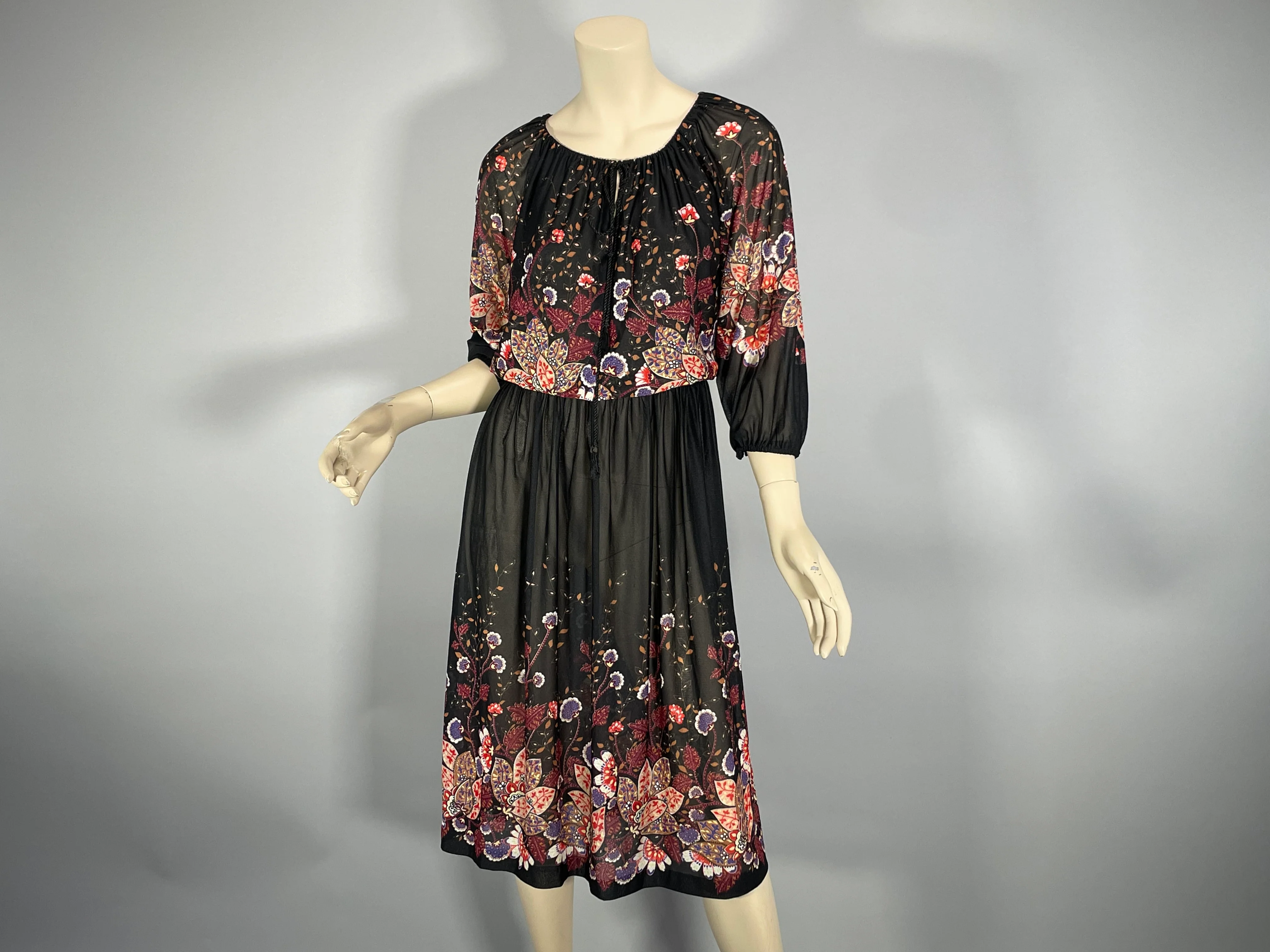 70s/80s Black Multicolor Floral Sheer Casual Boho Dress - Image 8