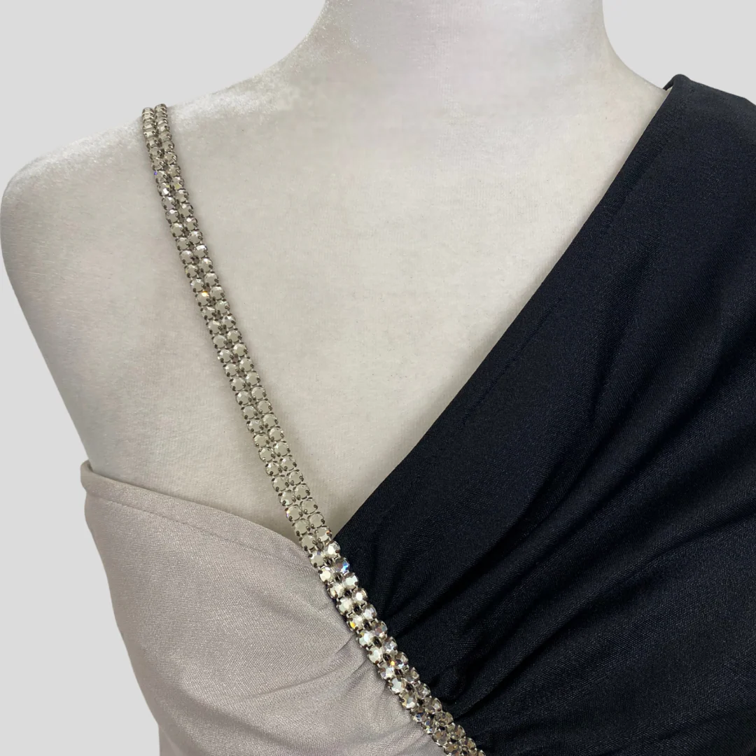70s/80s Black Silver Asymmetrical Dress Rhinestone Trim By Night Moves Fashion - Image 3