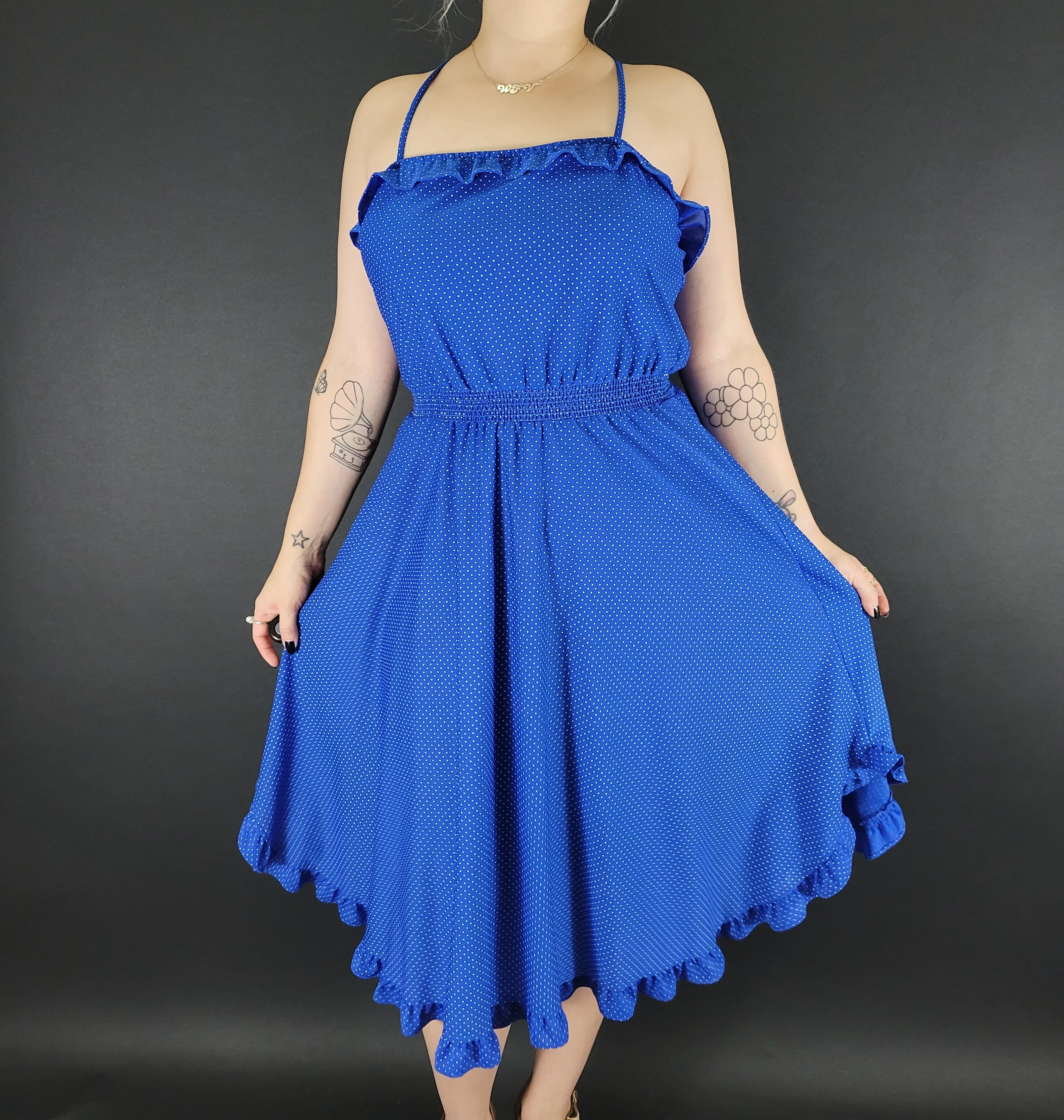 70s/80s Blue And White Polka Dot Ruffle Sun Dress - Image 3