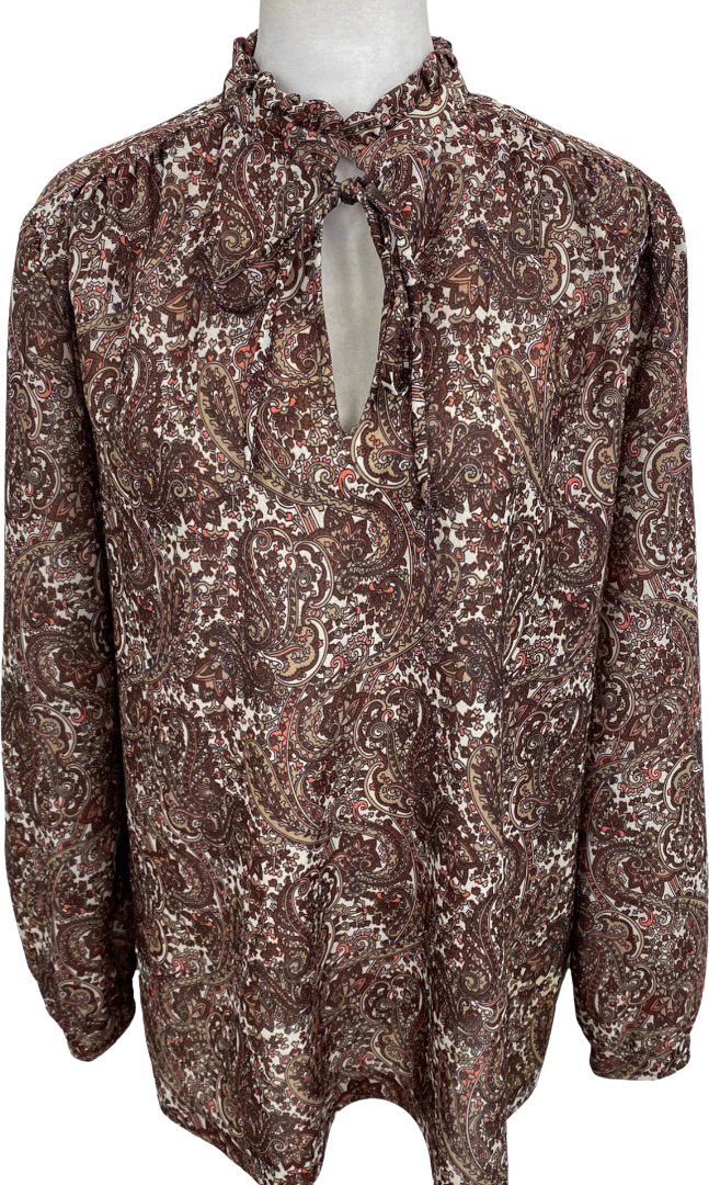 70s/80s Brown And White Paisley Tie Neck Long Sleeve Top By Fire Islander