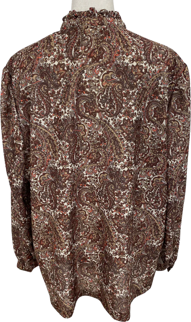70s/80s Brown And White Paisley Tie Neck Long Sleeve Top By Fire Islander - Image 2