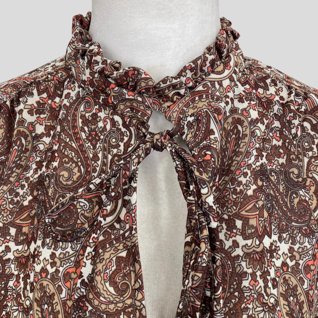 70s/80s Brown And White Paisley Tie Neck Long Sleeve Top By Fire Islander - Image 3