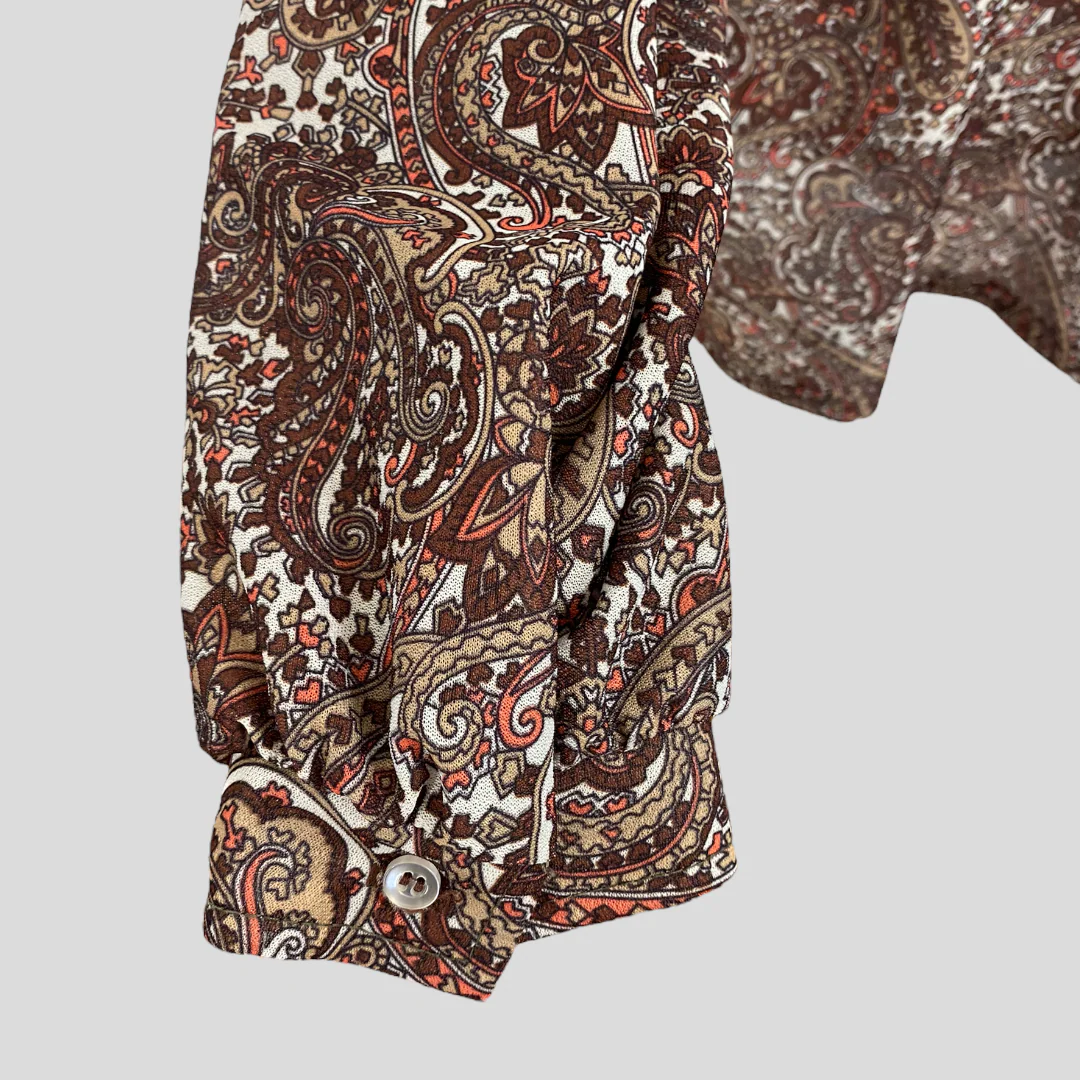 70s/80s Brown And White Paisley Tie Neck Long Sleeve Top By Fire Islander - Image 6