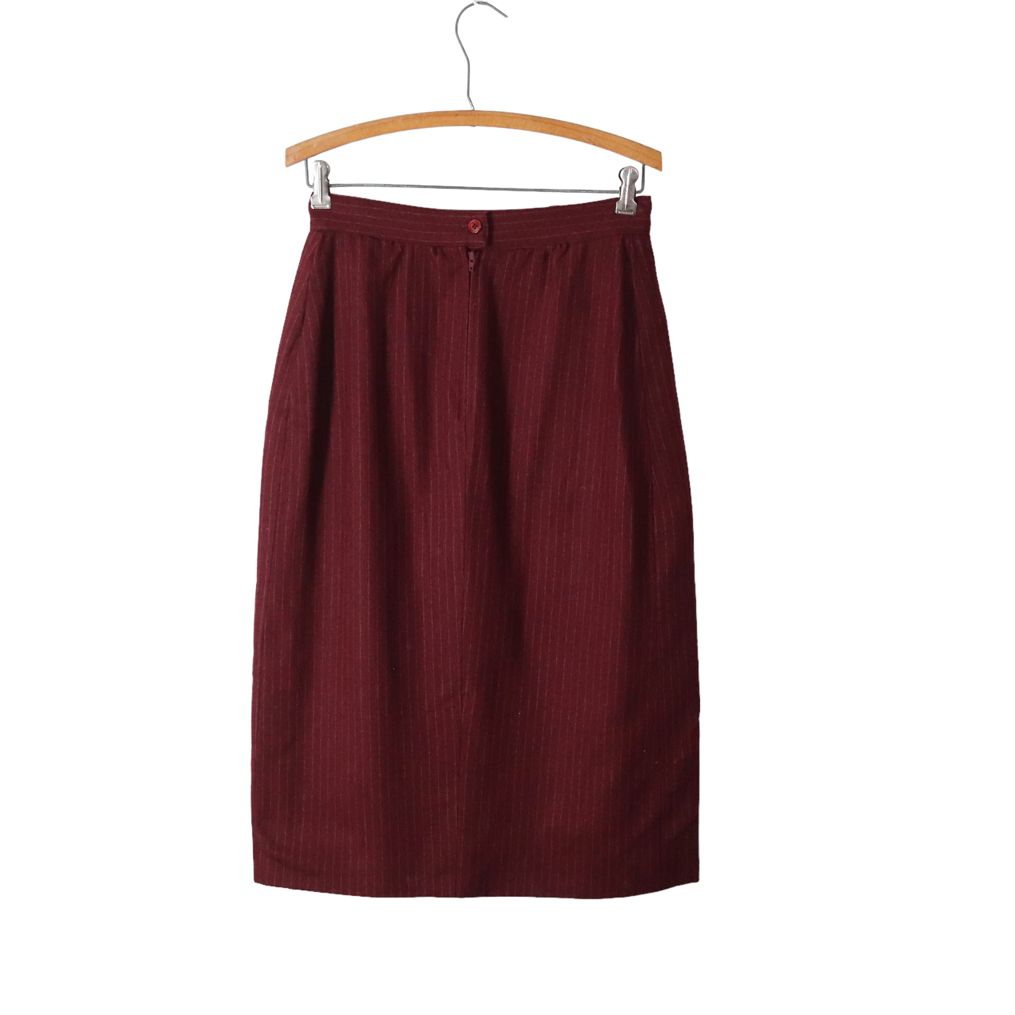 70s/80s Burgundy Pinstripe Wool Blend Midi Pencil Skirt - Image 8