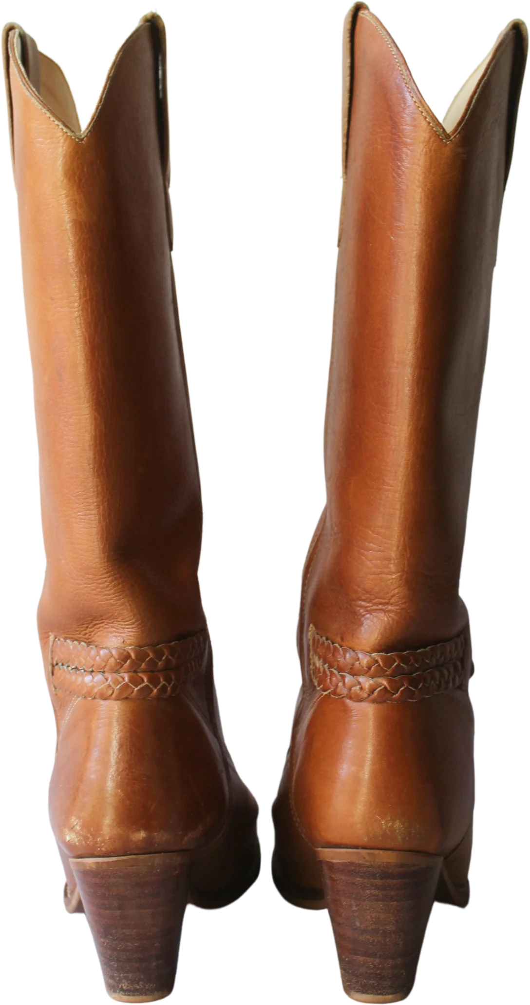 70s/80s Caramel Leather Western Boots With Braided Trim - Image 2