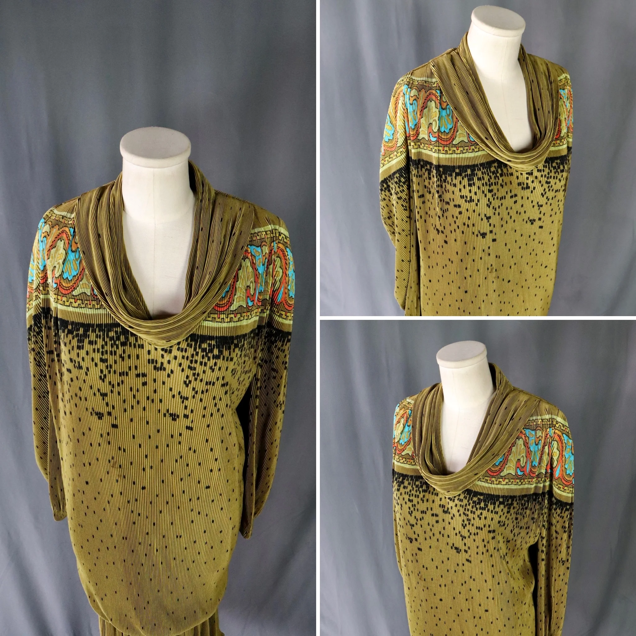 70s/80s Chartreuse Pleated Dress With Art Nouveau Border By Virginie Paris - Image 4