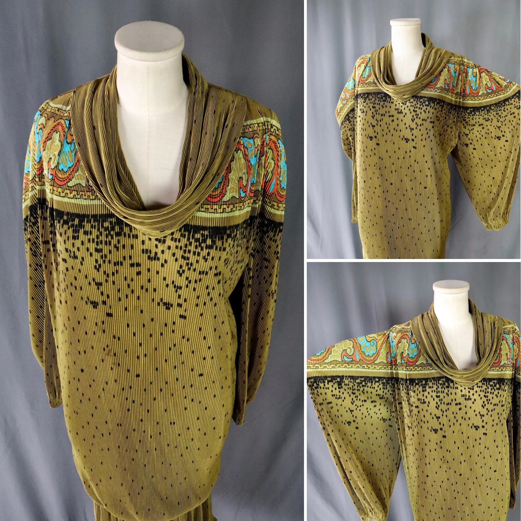 70s/80s Chartreuse Pleated Dress With Art Nouveau Border By Virginie Paris - Image 5