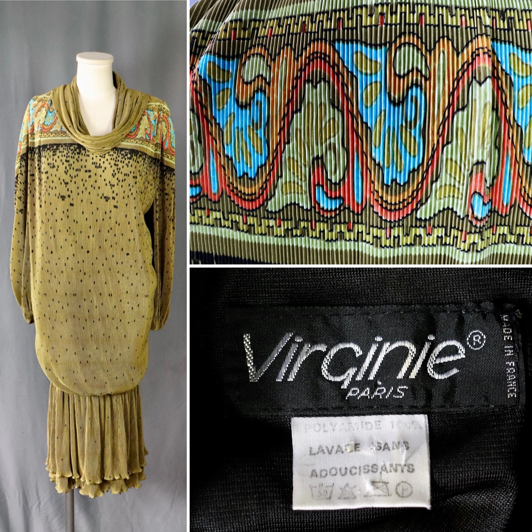 70s/80s Chartreuse Pleated Dress With Art Nouveau Border By Virginie Paris - Image 6