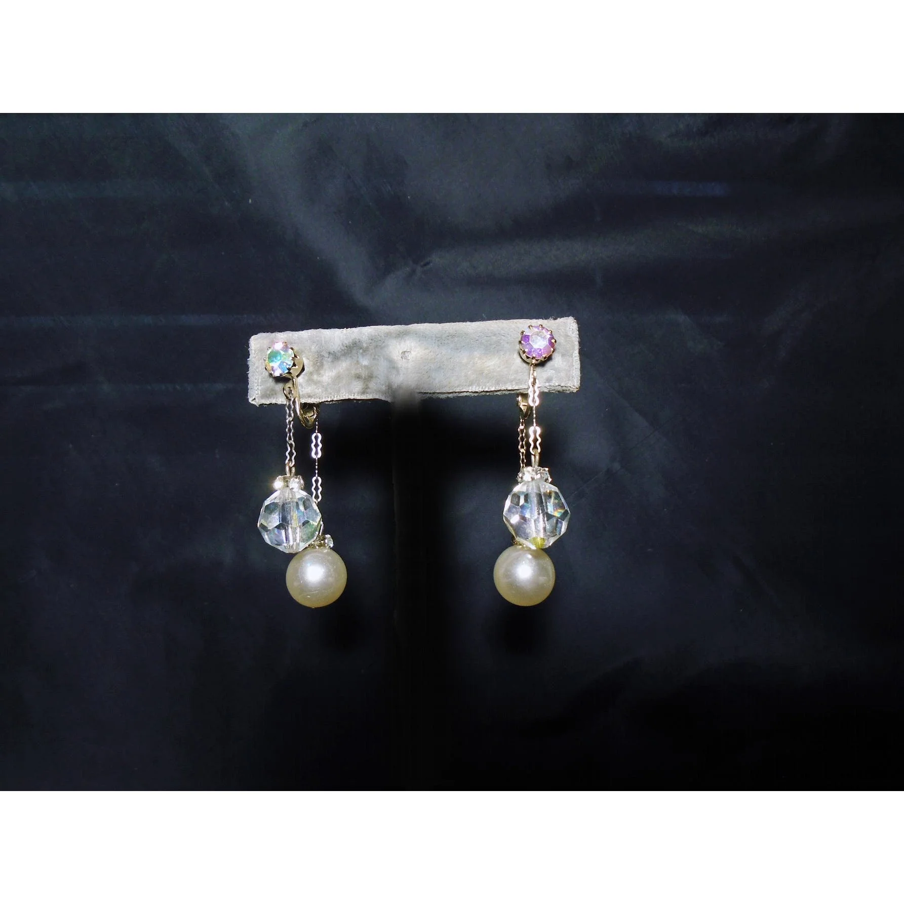 70s/80s Clip On Dangle Earrings Pearl Crystal, Front Back! - Image 5