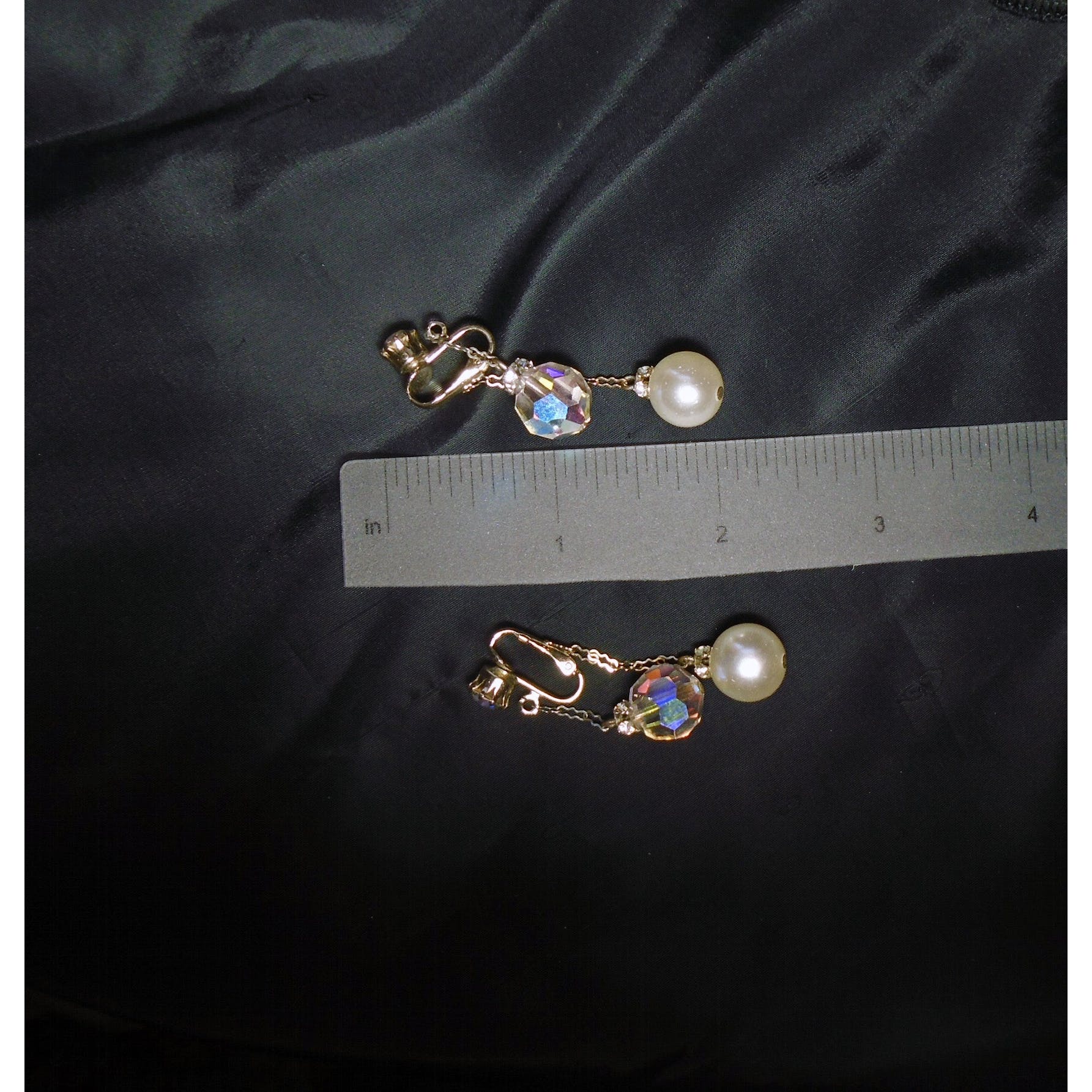 70s/80s Clip On Dangle Earrings Pearl Crystal, Front Back! - Image 8