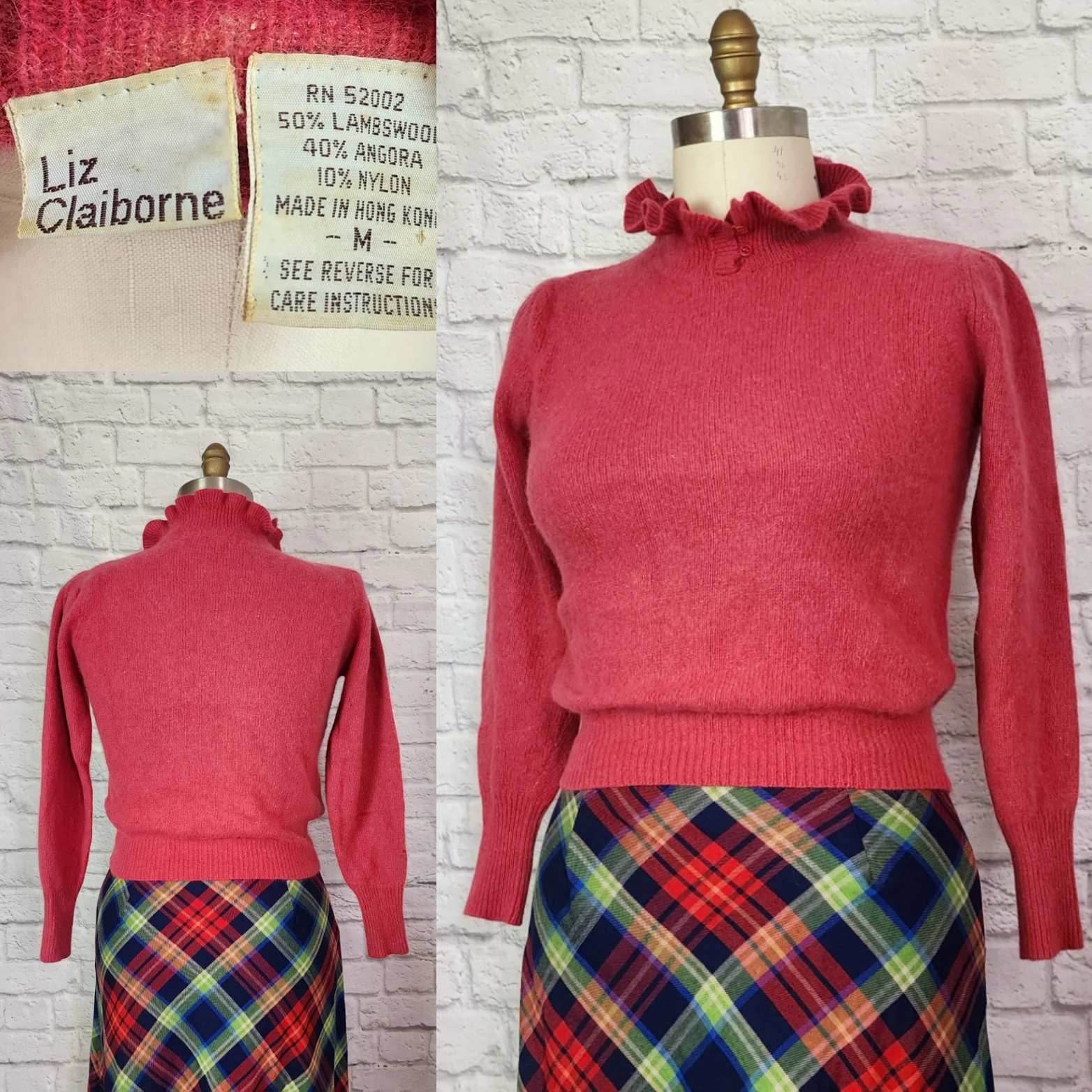 70s/80s Coral Ruffle Mockneck Angora Blend Sweater By Liz Claiborne - Image 3